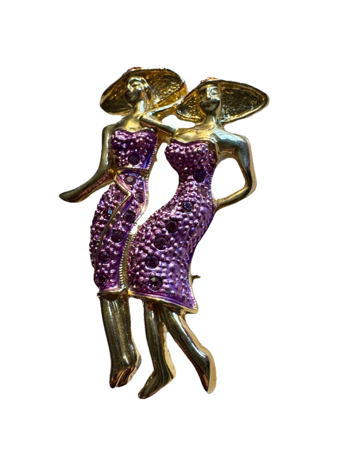 Vintage Gold Tone with Rhinestones Red Hat Ladies in Purple Pin, Unbranded