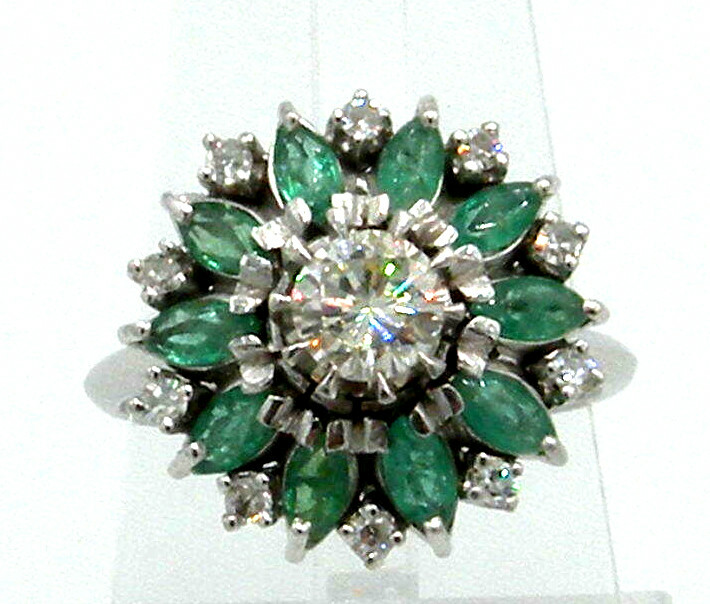 Stunning Cluster in Platinum with Diamonds and Emeralds Ring