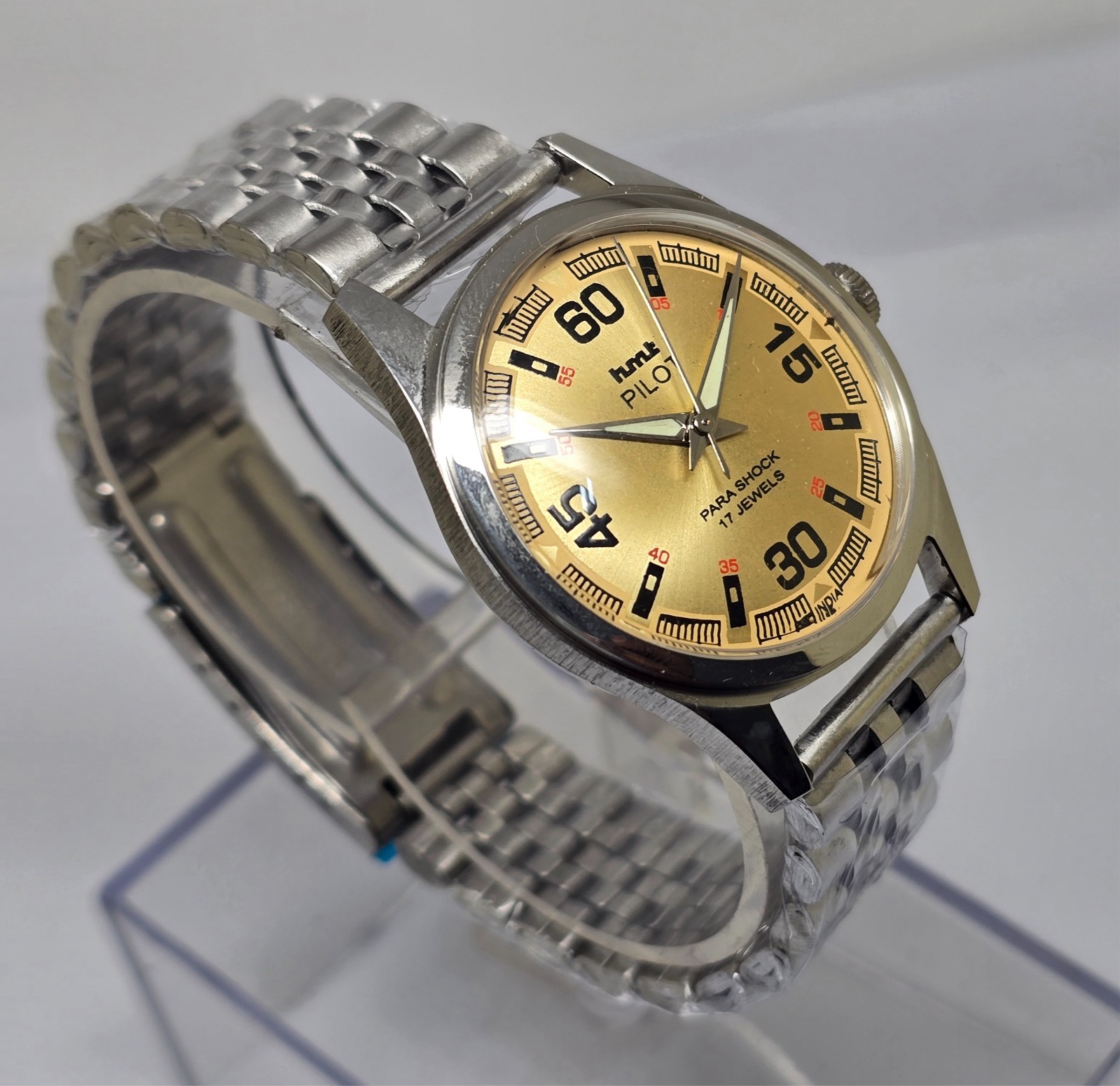Vintage Hmt Pilot Gold Dial 17 Jewels Mechanical hand winding Transparent Back