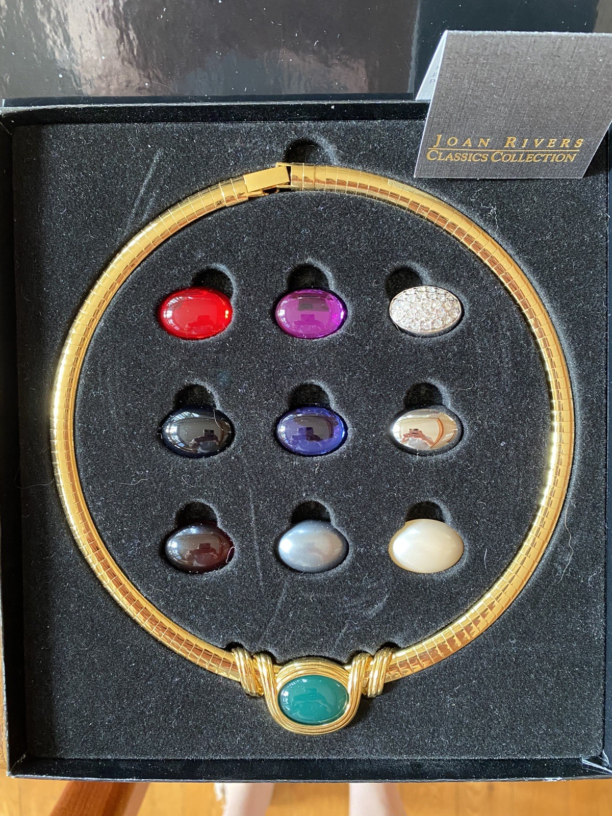 Vintage Joan Rivers Gold Omega 10 Color Interchangeable Necklace 2 chains W/Box