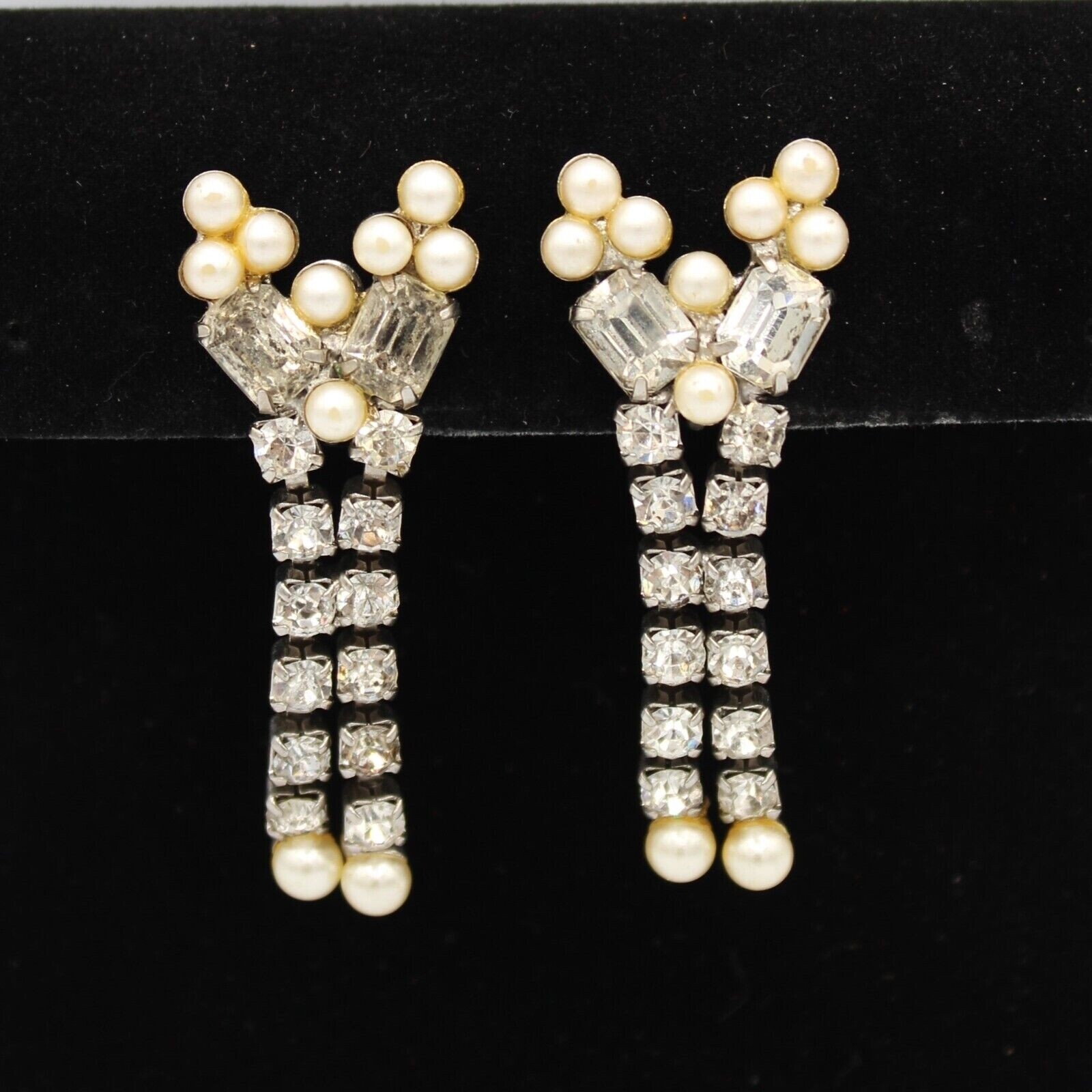 Rhinestone & Faux Pearl Drop Dangle Earrings 1950s Silver Tone