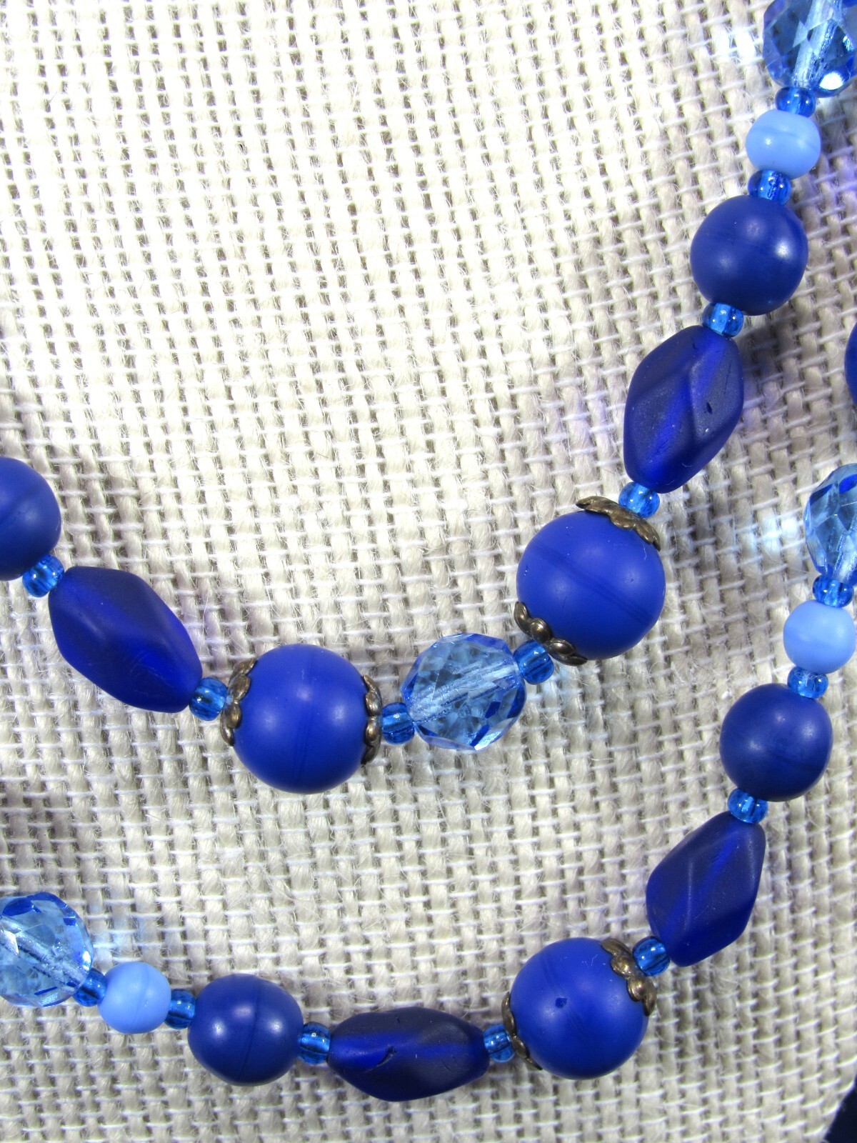 Vintage Blue and Purple 2 Strand Art Glass Bead Necklace with Sea Glass Finish.