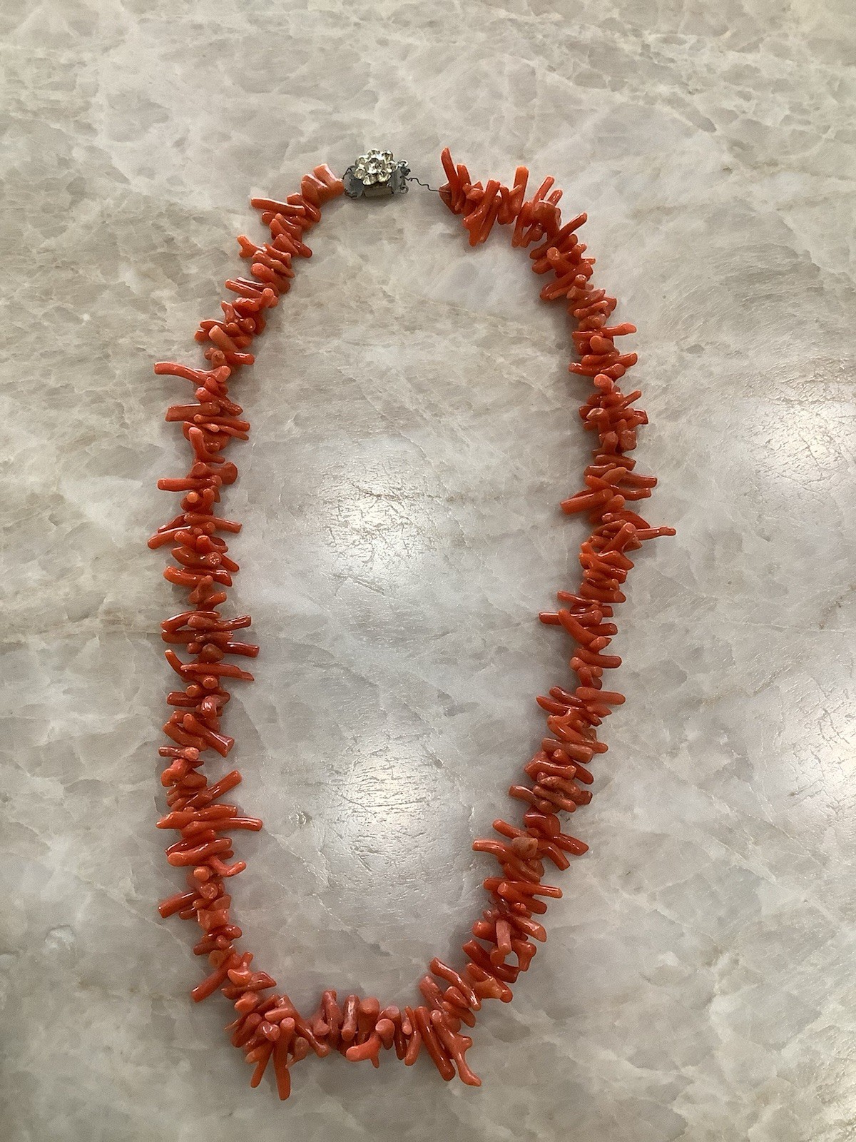 Vintage 18” Coral Branches Necklace Crystal Flower Clasp