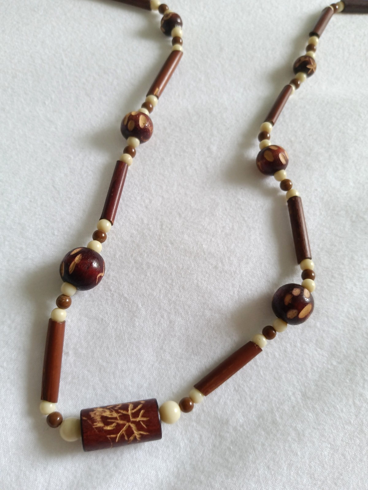 Vintage Wood Bead Necklace Boho Tribal Earth Tone Handmade Artisan 30″ Necklace