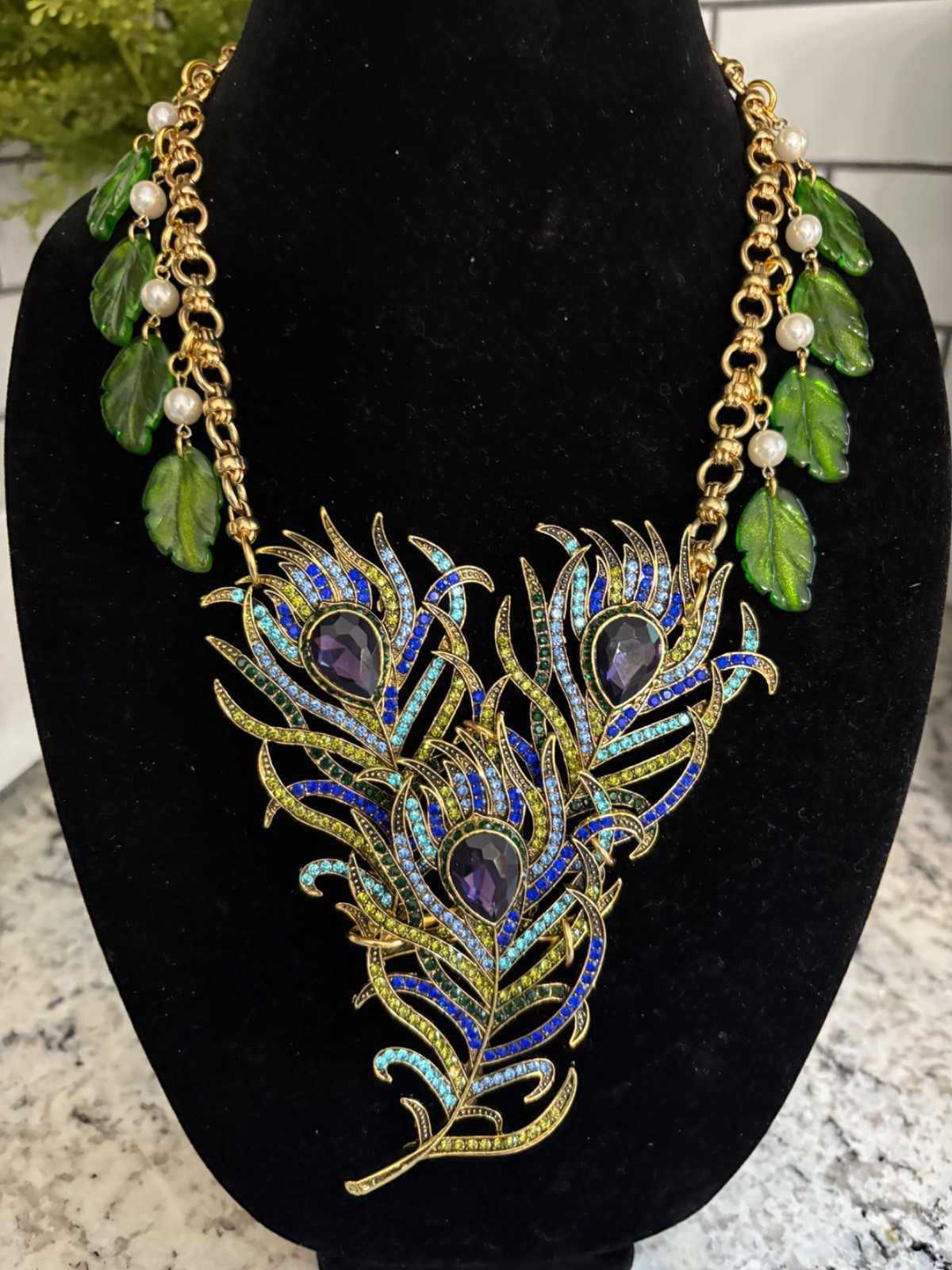 Triple Rhinestone Peacock Feather Statement Necklace-Repurposed & 1 of a Kind!