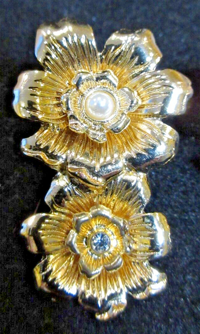 SUGARFIX Signed Gold Tone Metal Rose Earrings Crystal Rhinestone & Faux Pearl