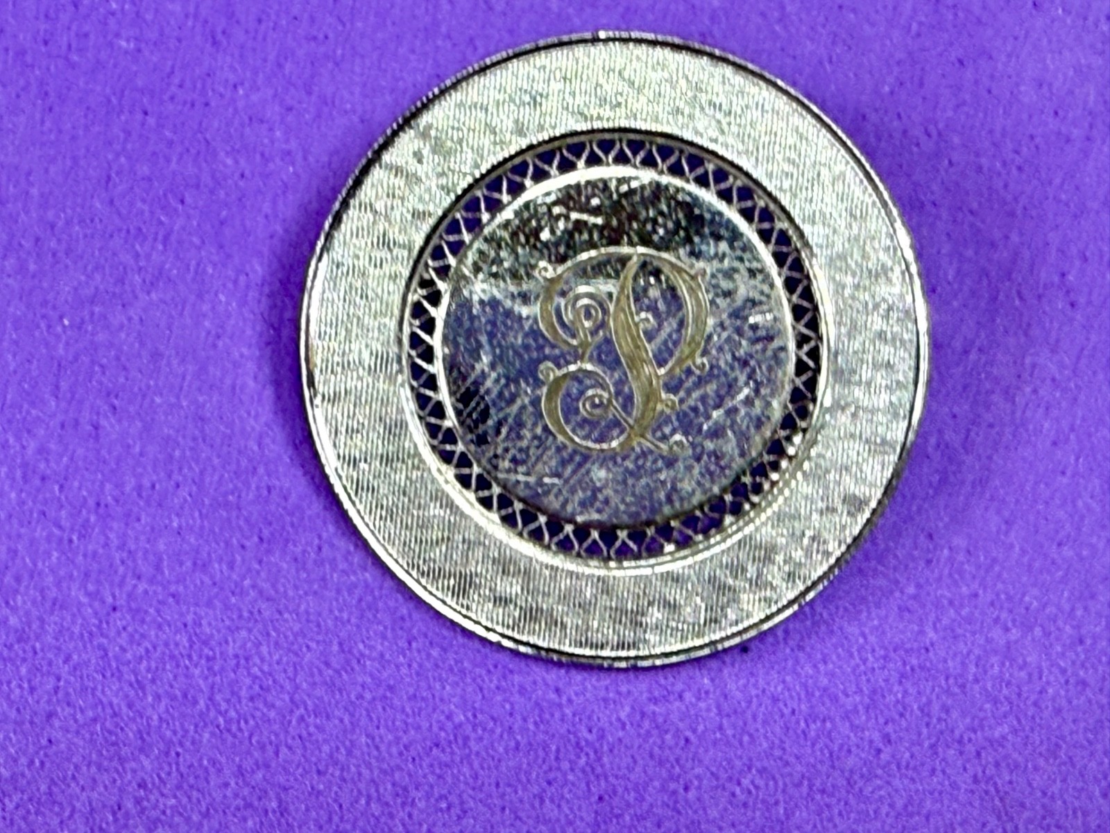 Initial Letter P ? Calligraphy On Vintage Sterling Silver Round Disc Brooch