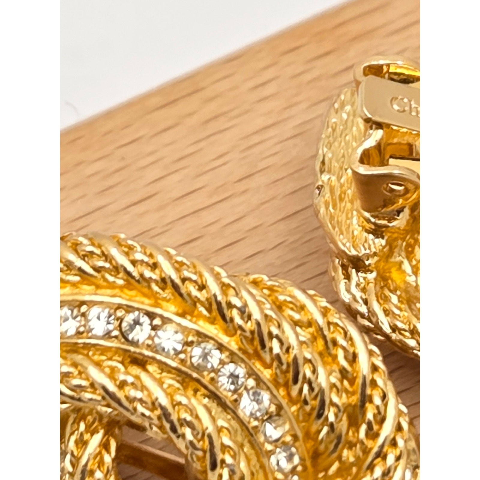 Vintage Christian Dior Rhinestone Rope Twist Knot Clip On Earrings Gold Tone
