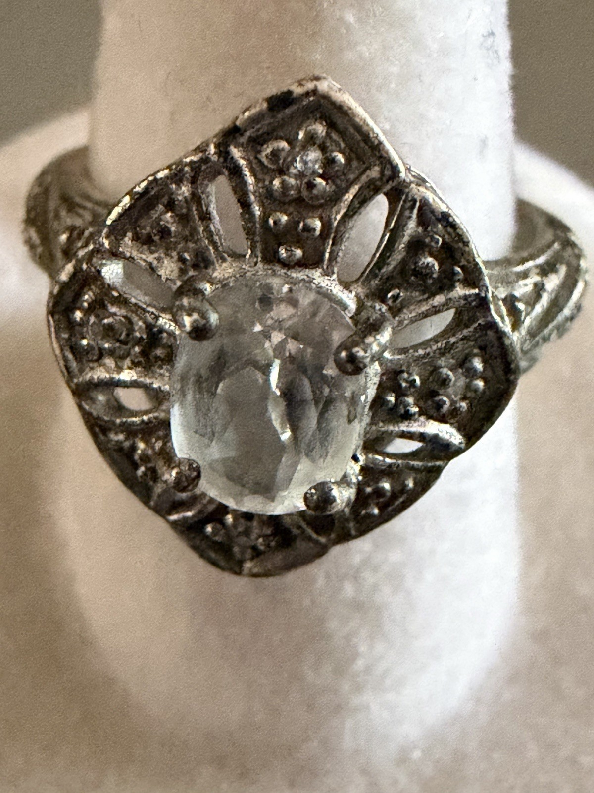 Vintage Style sterling silver clear topaz and CZ ring size 5