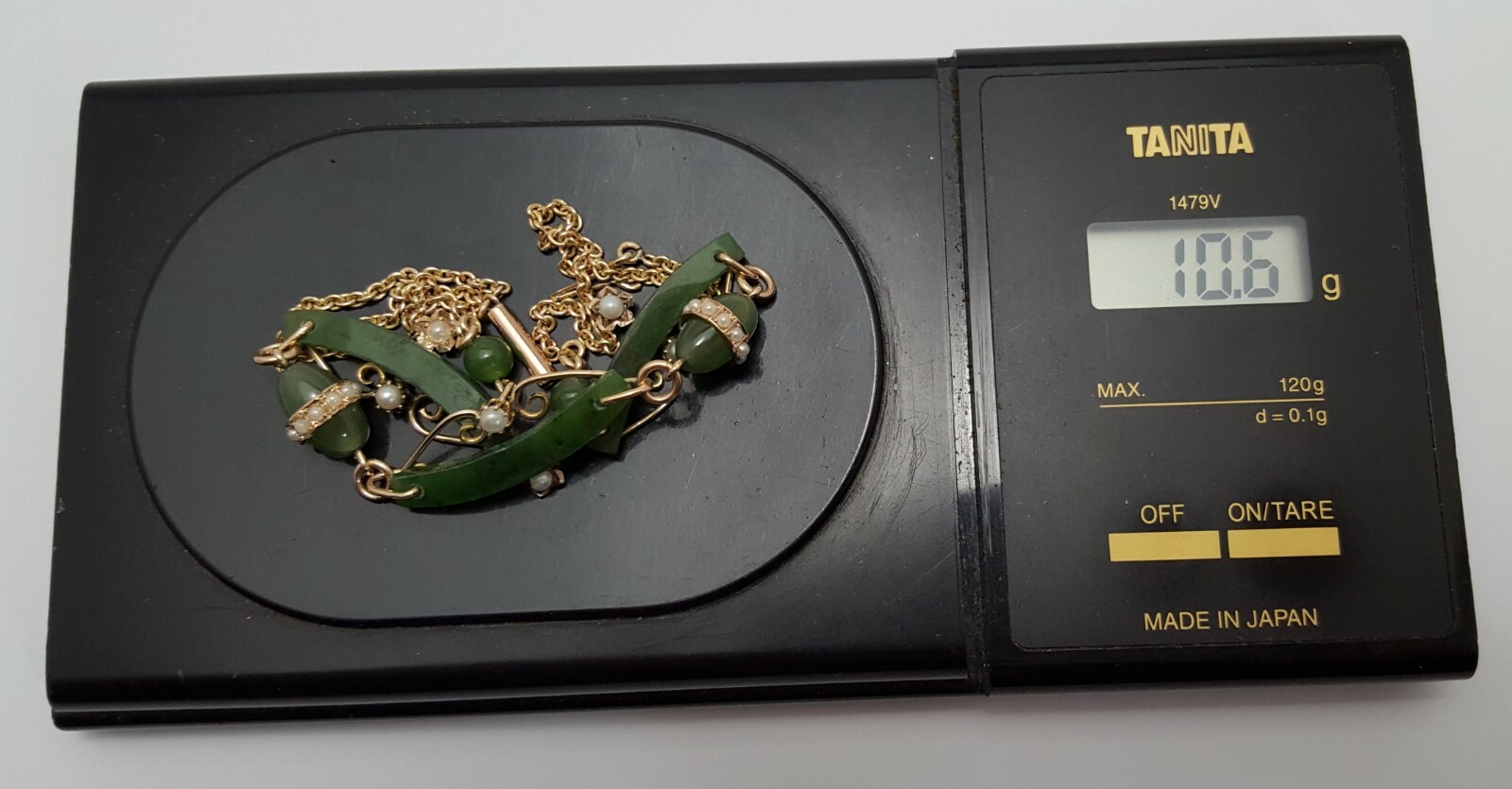 Vintage 9K Karat Solid Yellow Gold English Jade & Pearl Link Chain Necklace