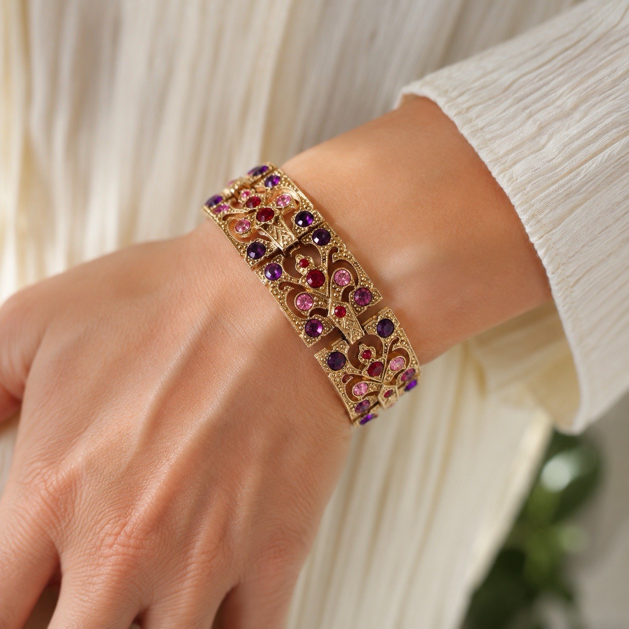 Vintage Gold Tone Panel Bracelet Openwork Filigree Red Purple Pink Rhinestones