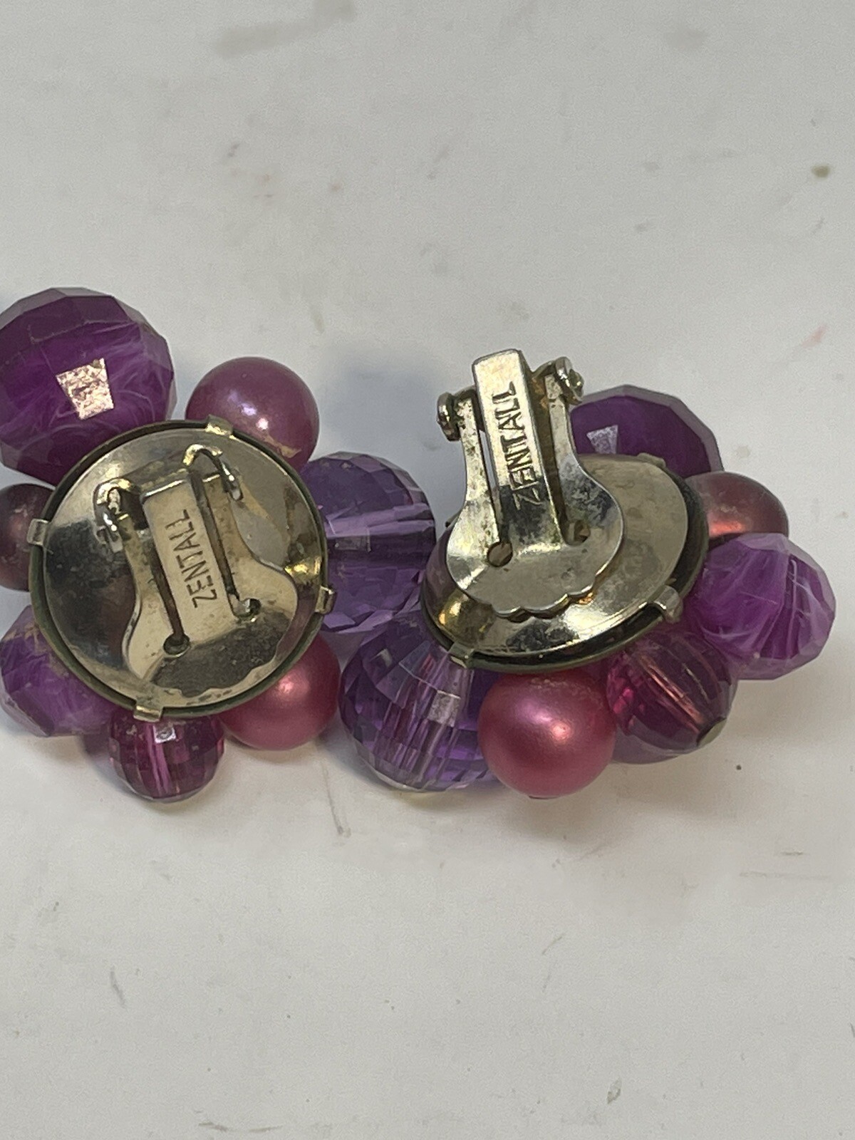 Vintage Zentall Purple Bead Cluster Clip On Earrings Faceted Crystal Faux Pearl
