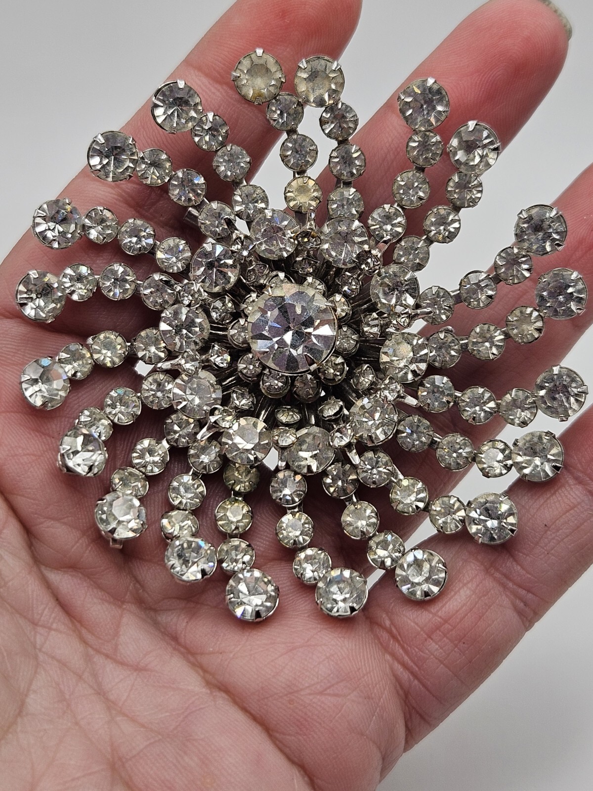 Vintage Clear Glass Rhinestone Pinwheel Large Brooch Pin