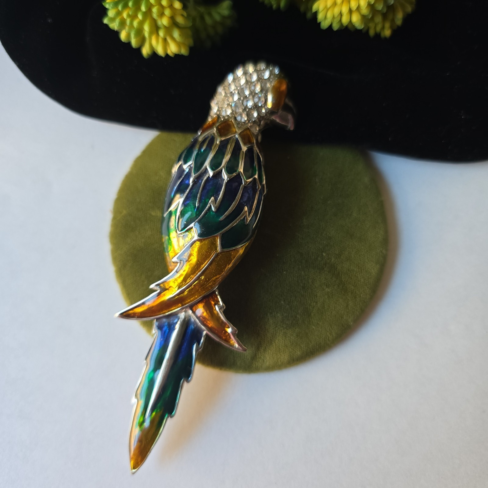 Vintage Large Enameled Glass Rhinestones Colorful Parrot Pin Brooch Retro 4.25″T