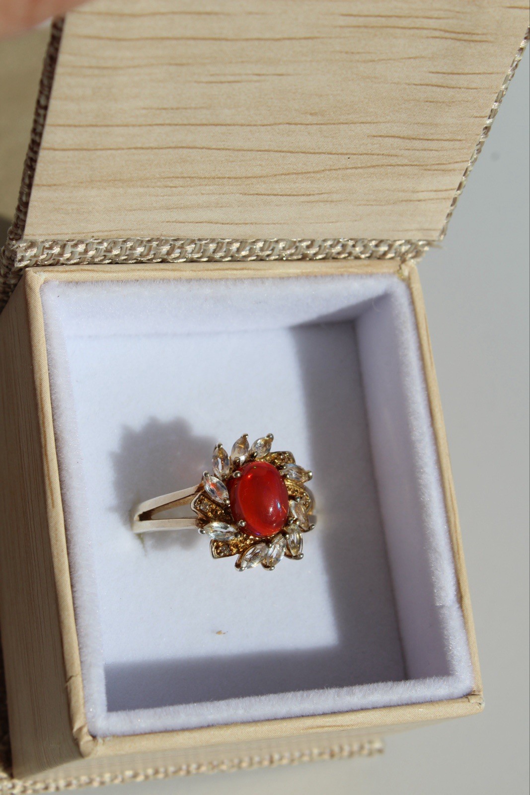 Antique Opalescent Amber Cabochon & Spinel Ring, 2 Carats 9K Gold