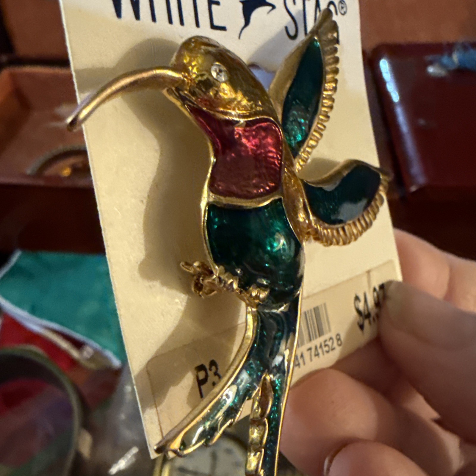 VTG Women’s White Stag Multi Color Enamel Hummingbird Broach Pin Fashion Jewelry