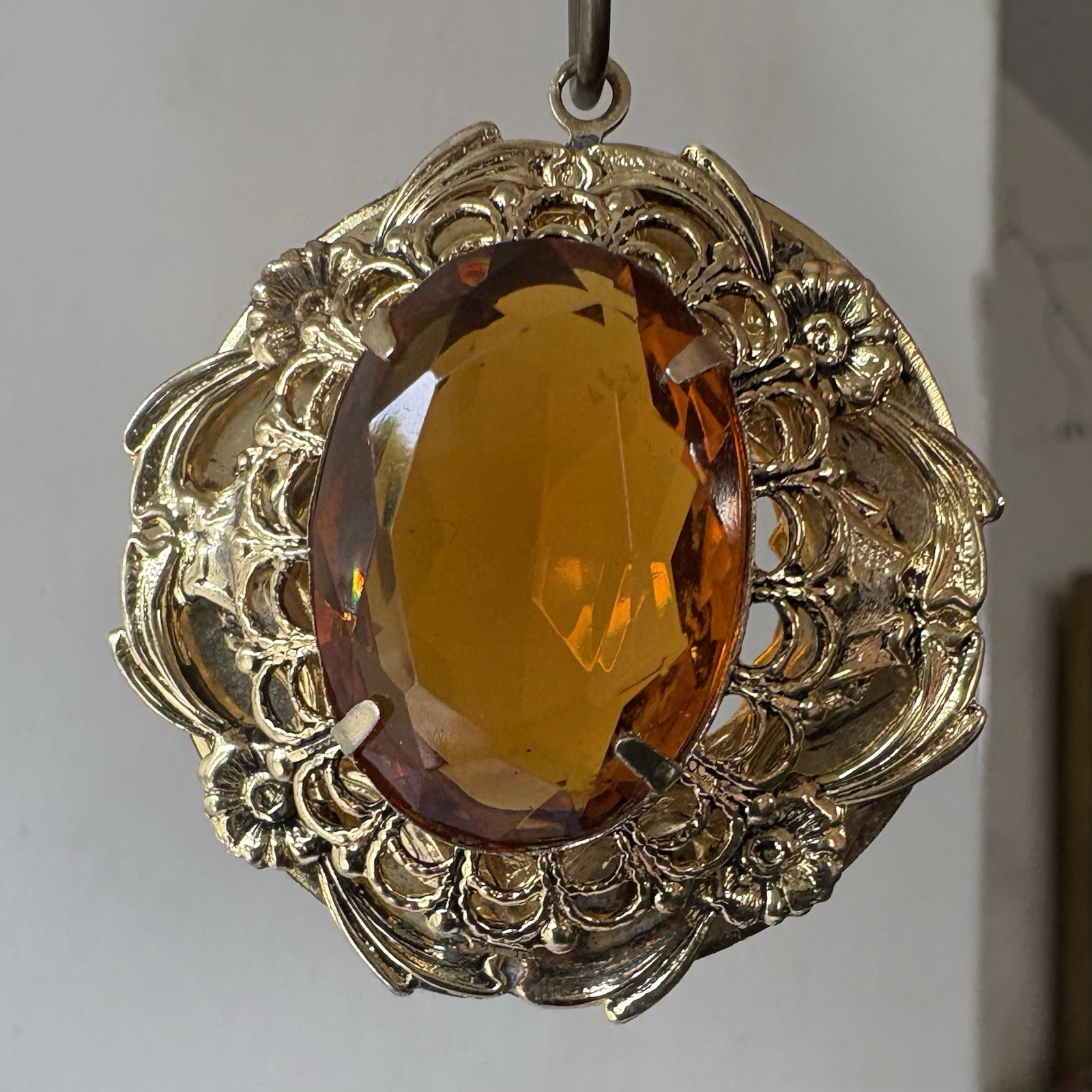 Vintage Victorian Revival Filigree Pendant Honey Amber Glass Gold Tone Ornate