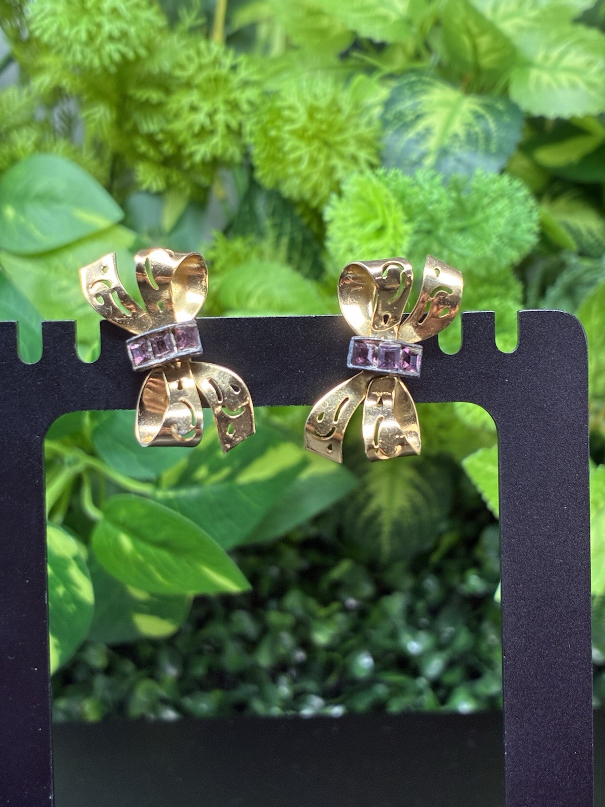 Vintage Coro Mid Century Gold Tone Bows Purple Rhinestones Earrings Screw Back