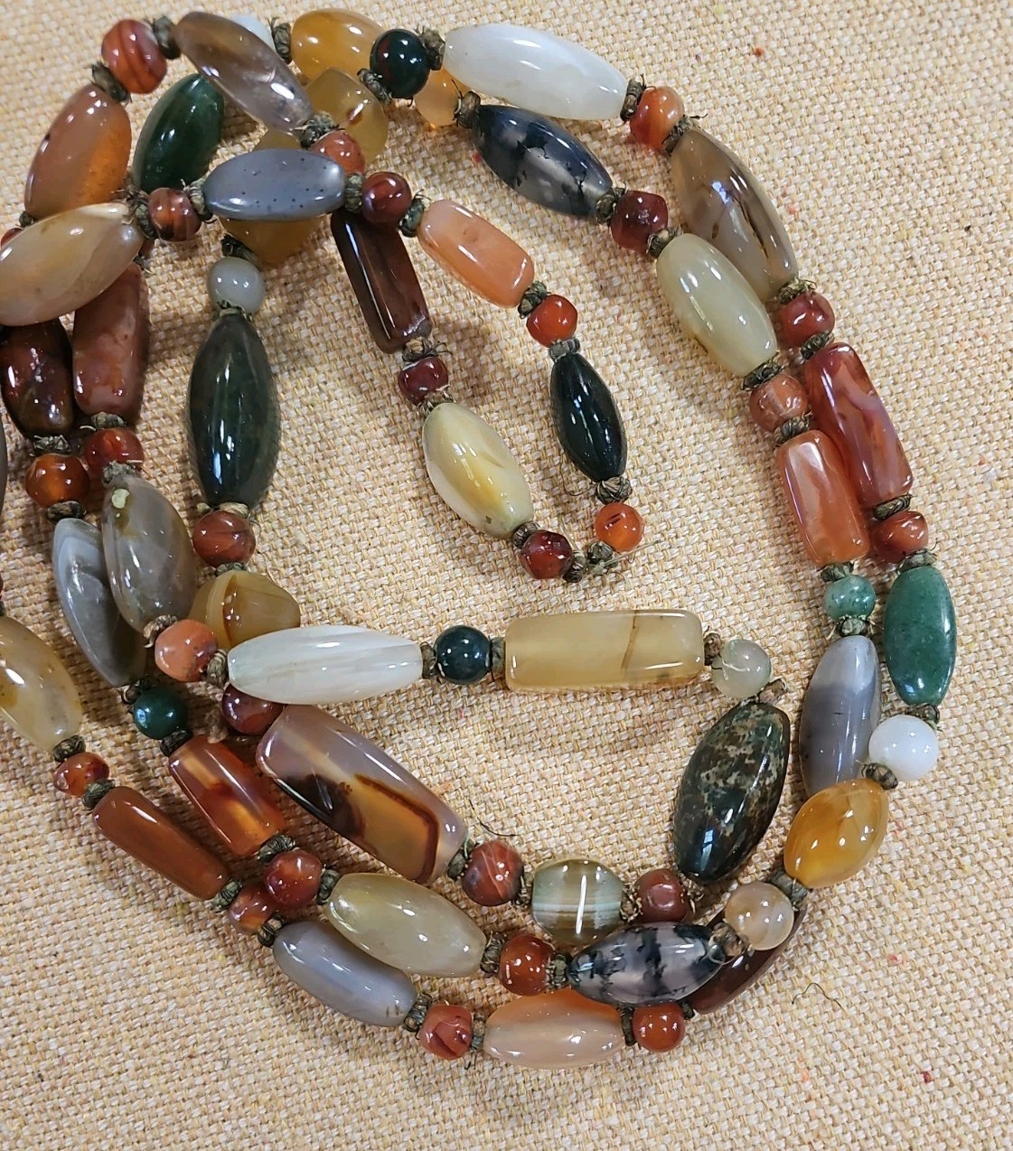 VTG Beggar Bead Genuine Stone Hand Knotted 60″ Necklace Agate Jade Carnelian