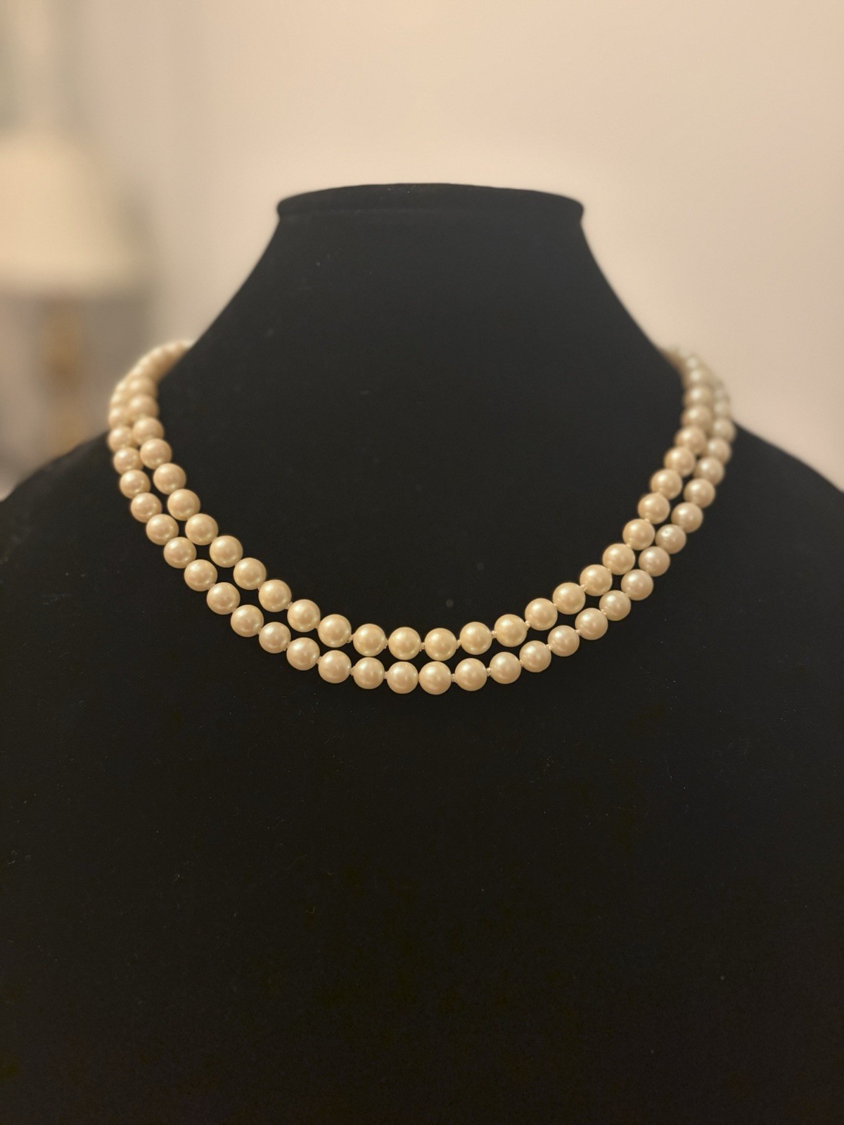 Double Strand Ivory Faux Pearl Beaded Necklace Rhinestone Floral Clasp 16in