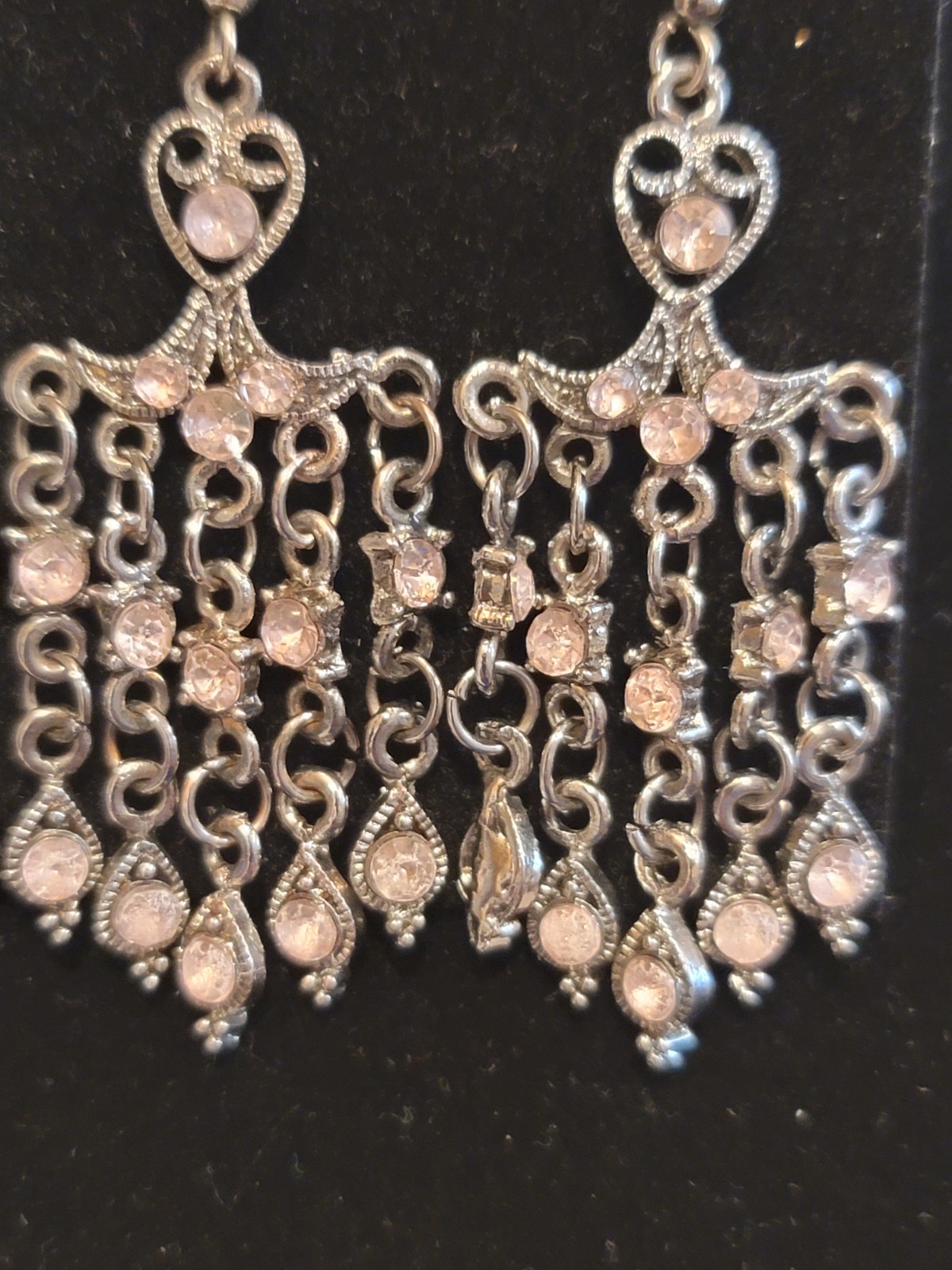 Vintage Style Chandelier Earrings Pink Rhinestone Gunmetal Dangle Boho