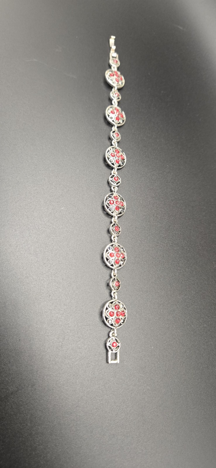Vintage Monet Silver Tone Bracelet With Red & Black Stones 7 1/4″