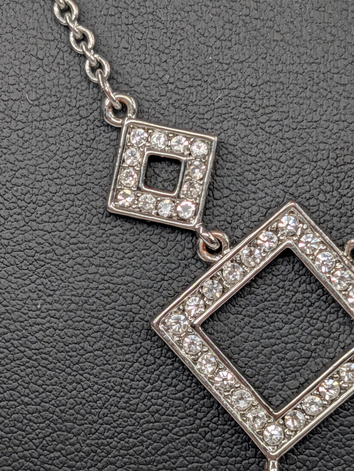 Baby Phat Signed Rhinestone Geometric Station Necklace Cat Logo Charm Silver 18″