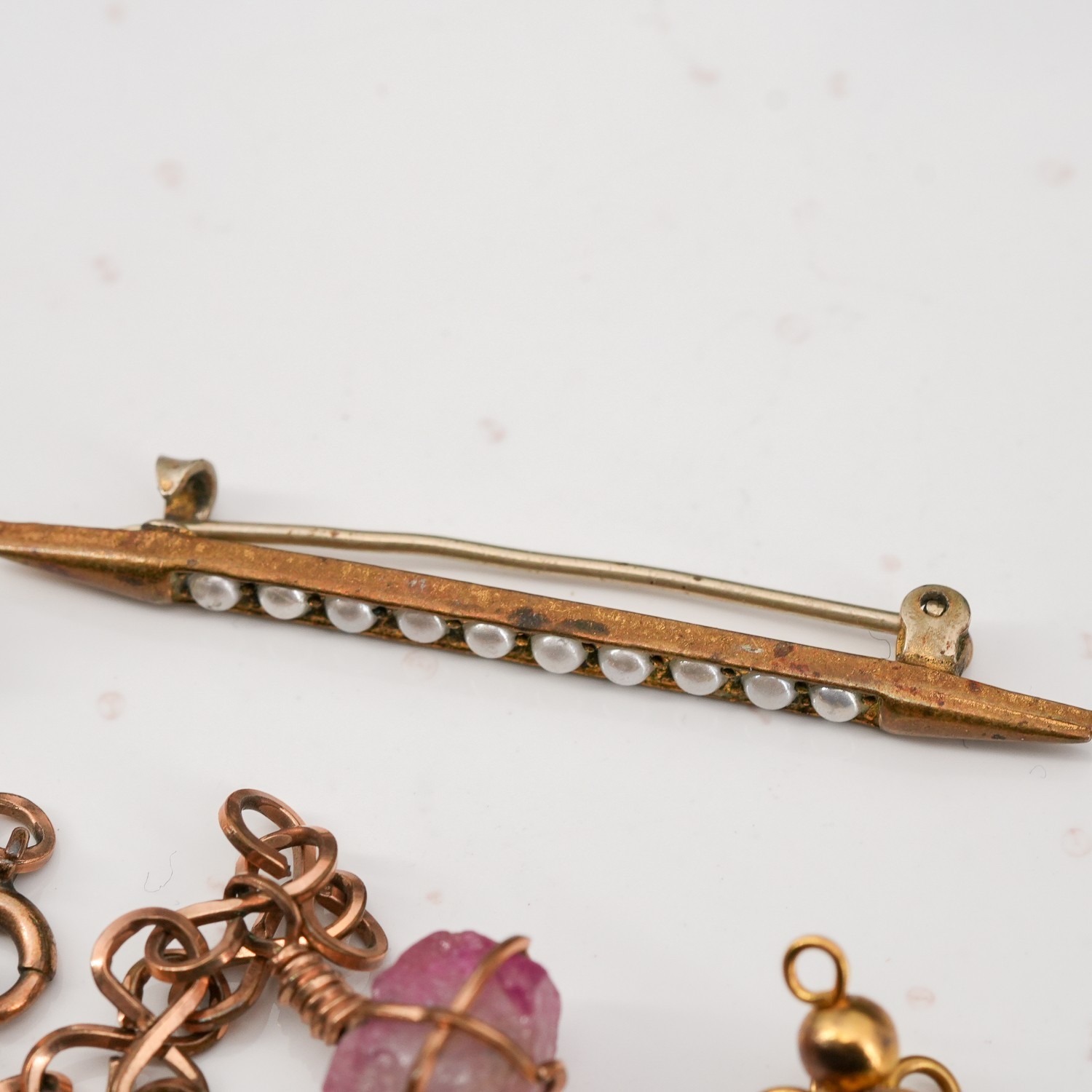 Vintage Raw Gemstone Charm Bracelet Lot | Pearl Bar Brooch & Brass Ball Pendant