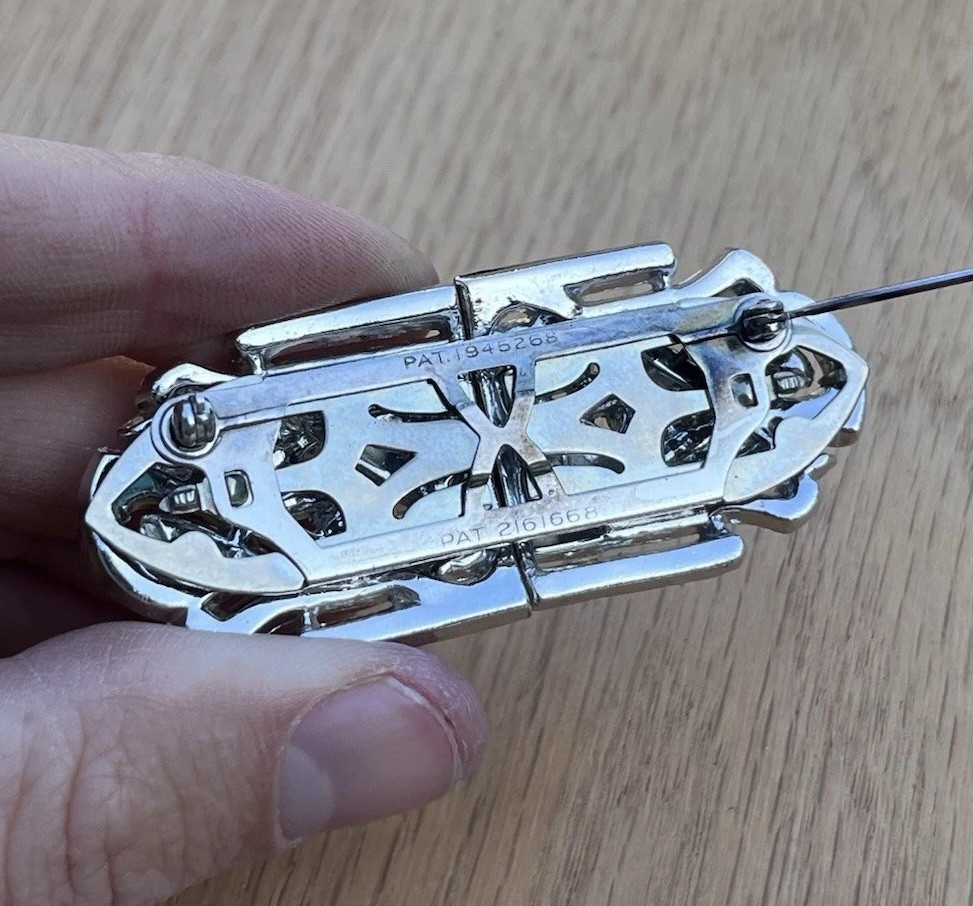 Antique Art Deco Clear Rhinestone Pot Metal Duette Brooch Pat. 1945268 Coro