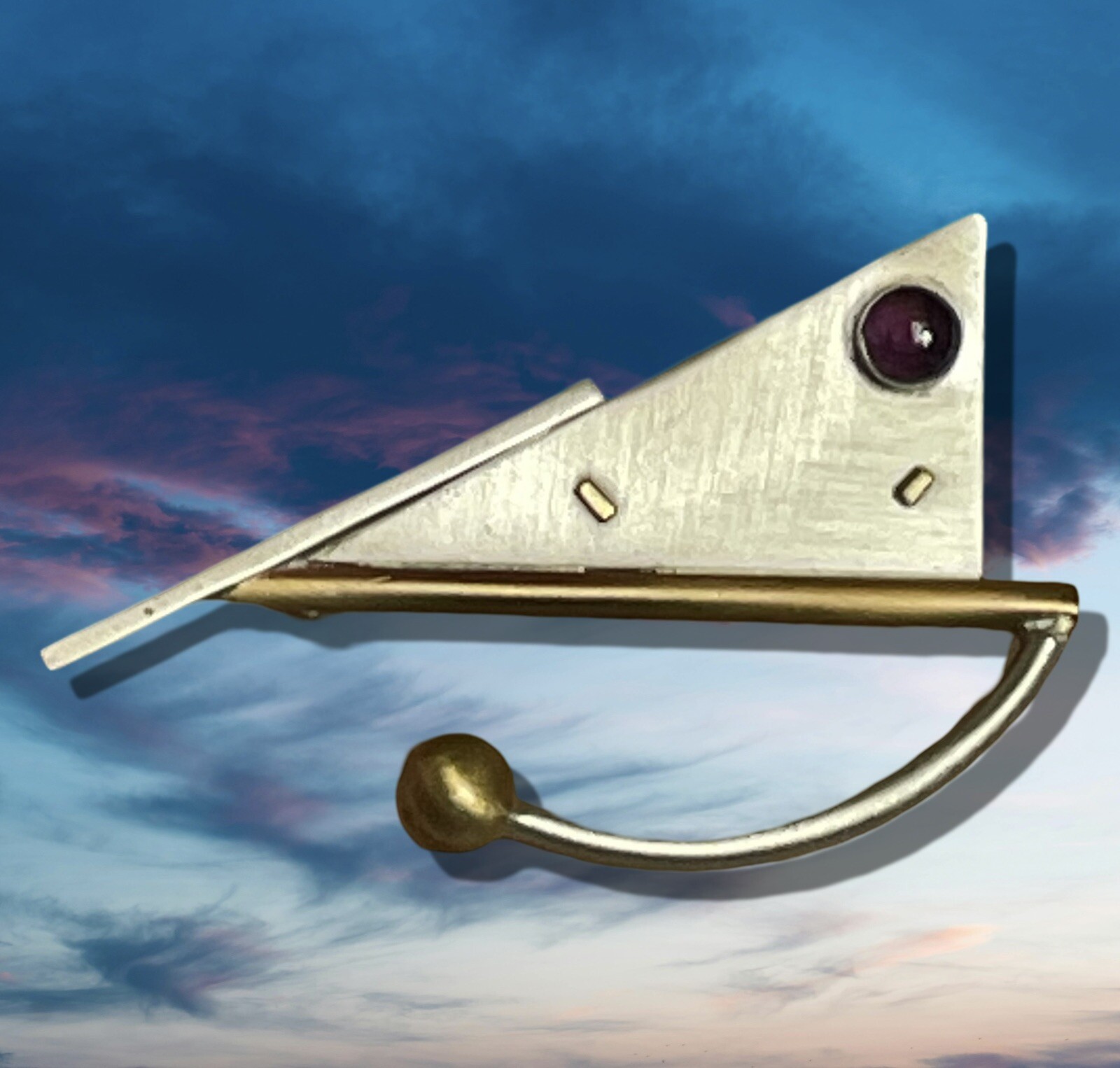 VTG Local Artisan Crafted Brooch Pin Geometric Modernist Abstract Gray Gold OOAK