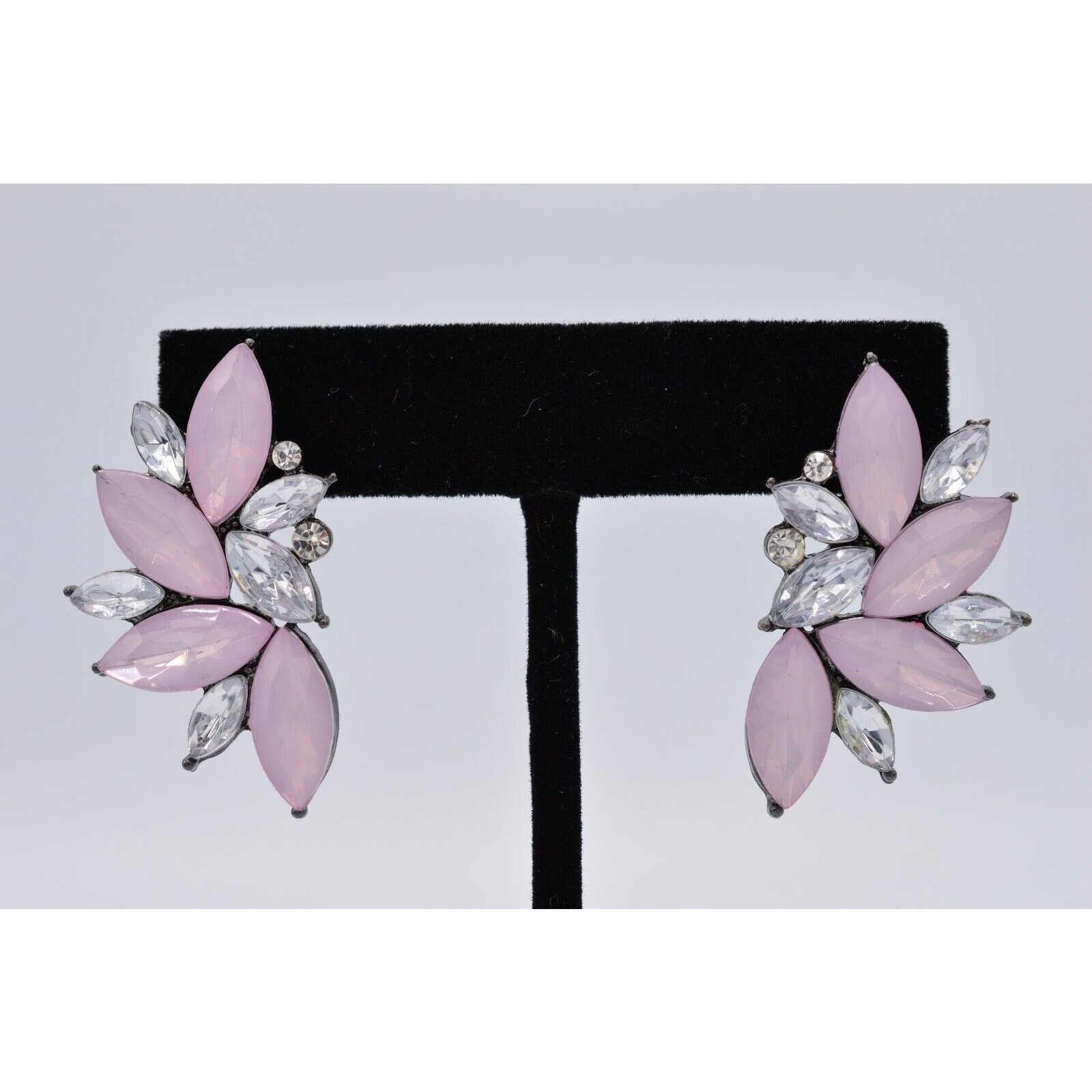 Statement Earrings Rhinestone Crystal Frosted Pink Lucite Marquis Gunmetal Bin4