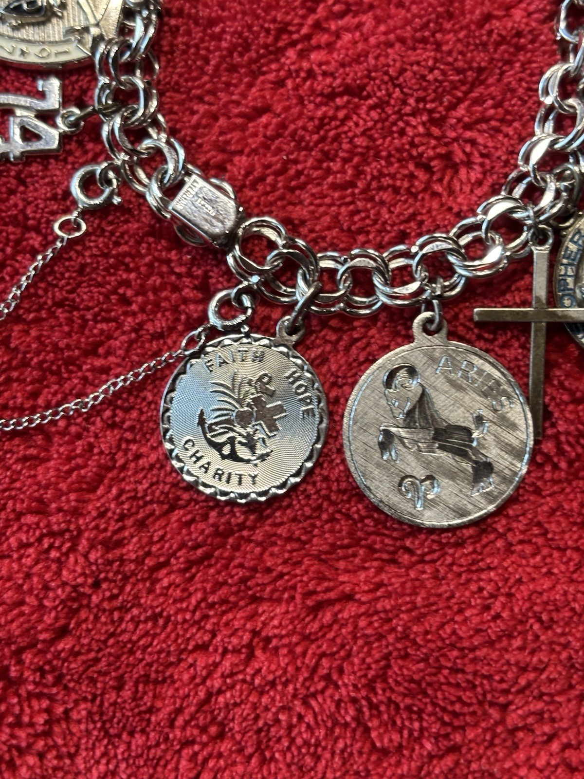 Vintage.925 Sterling Silver Double Rolo Link Charm Bracelet 14 Charms 48.8 Grams