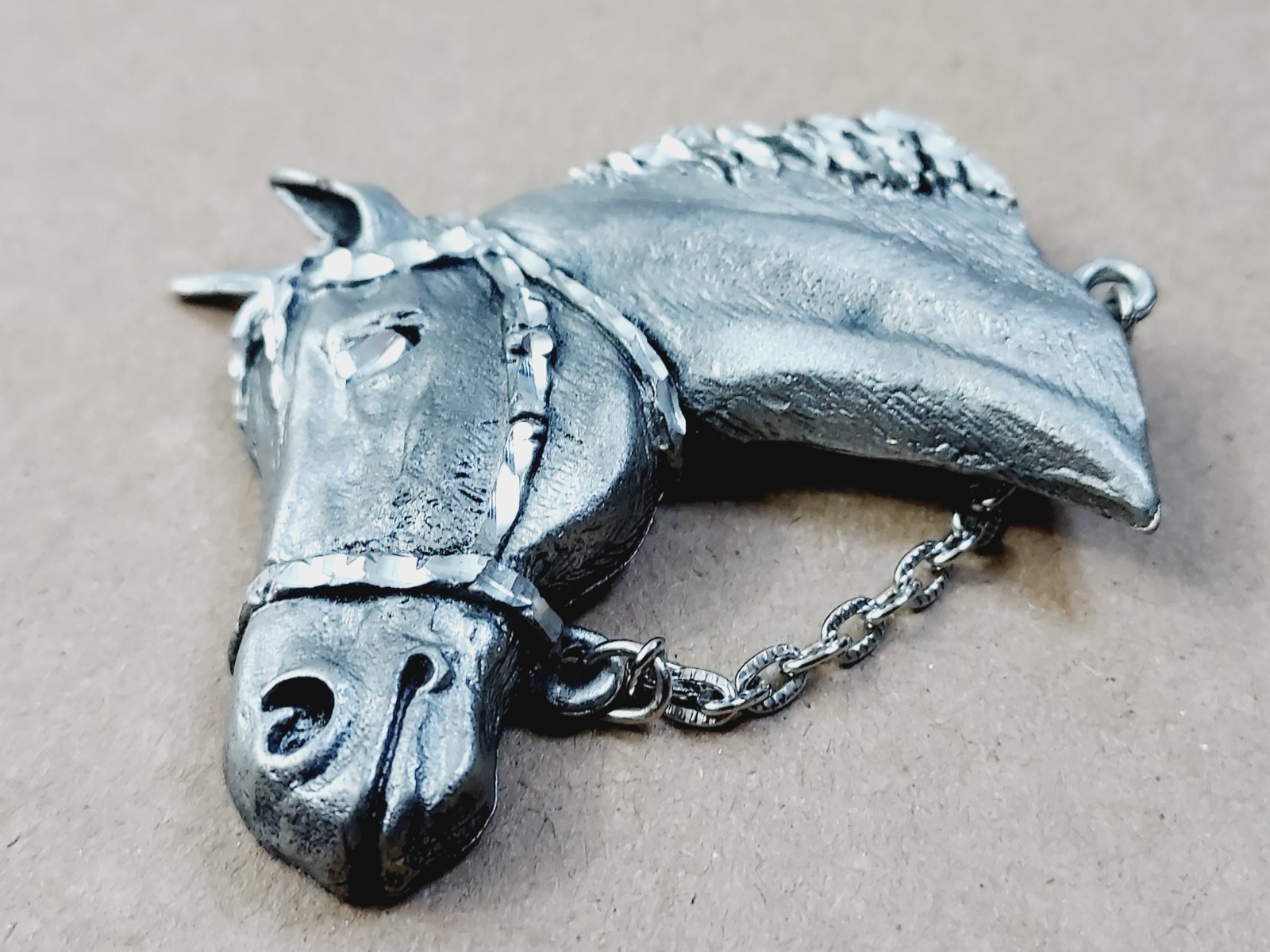 Equestrian Pewter Horse Head Brooch W/Chain Created by Ege Pewter Co. 1992