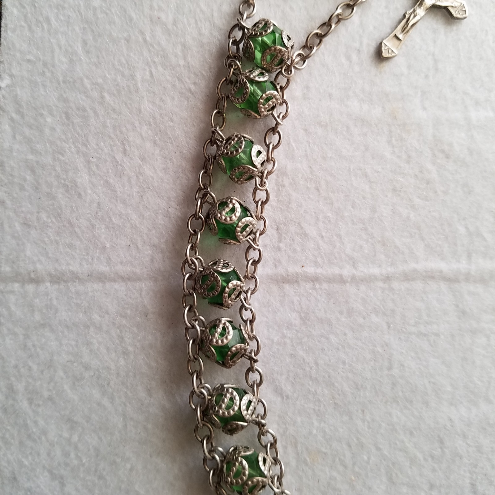 Vintage Sterling Chain Capped Green Bead Rosary Bracelet