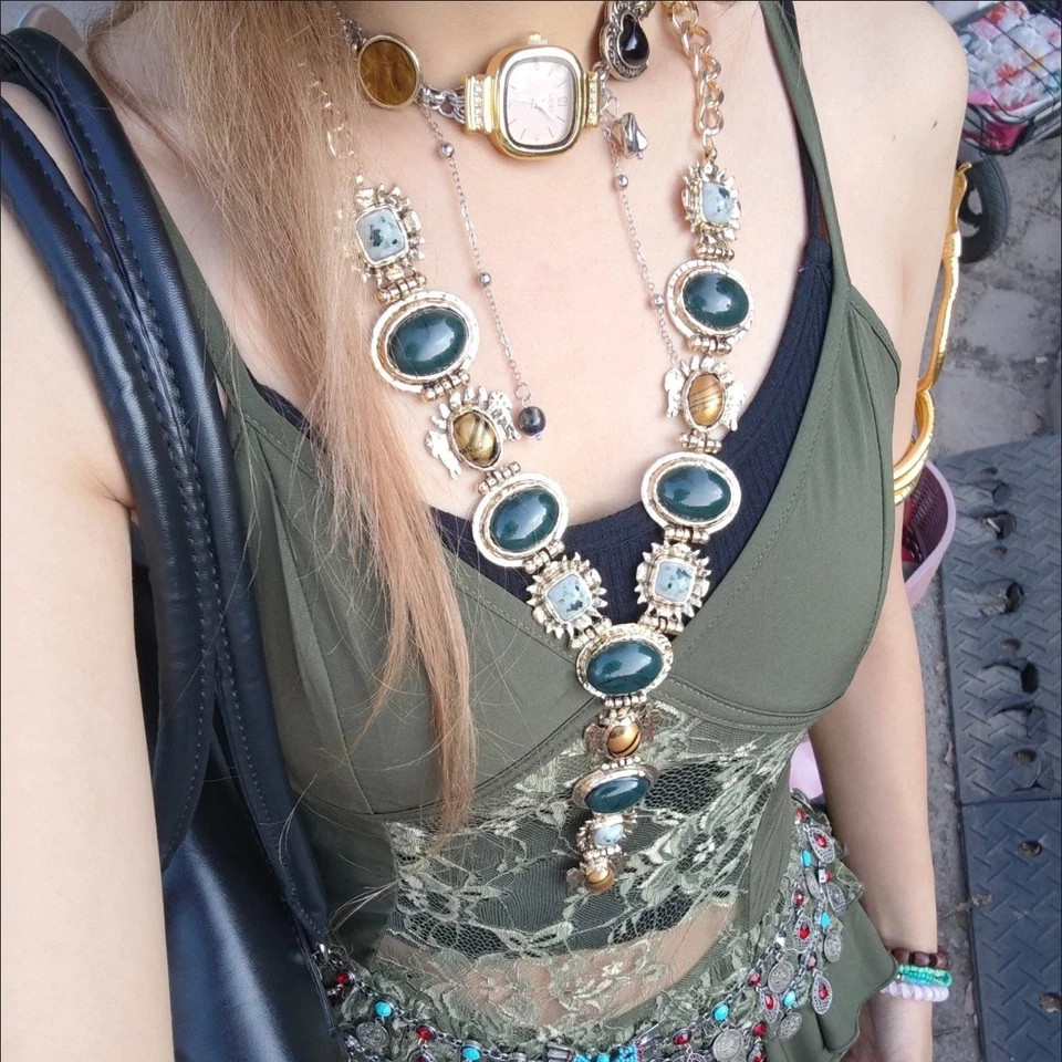 Vintage Glam Green stone Tiger Eye Choker Gold Victorian Statement Necklace gift