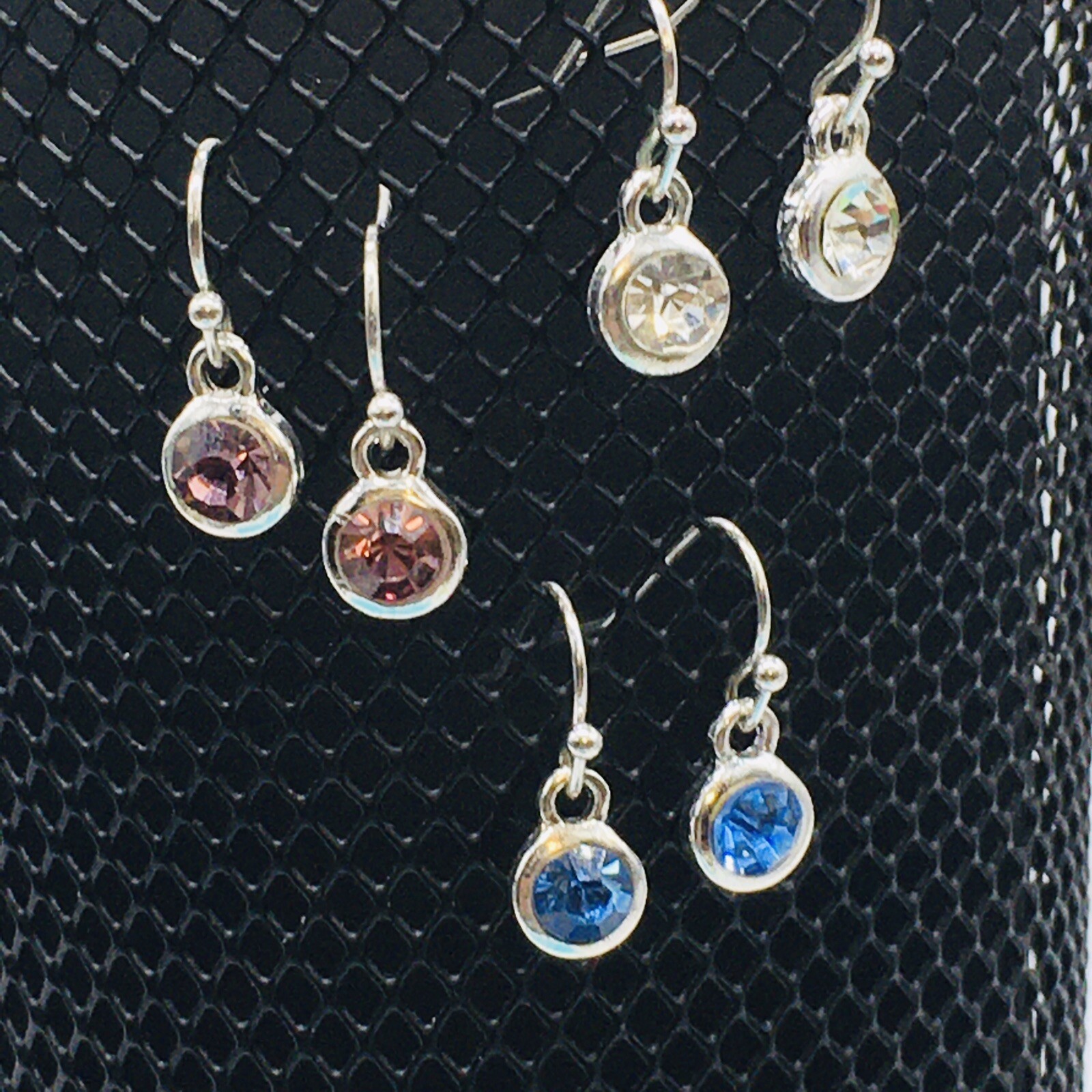 Silver Tone Glass / Acrylic Clear Purple and Blue Earrings Fish Hook Approx .4”