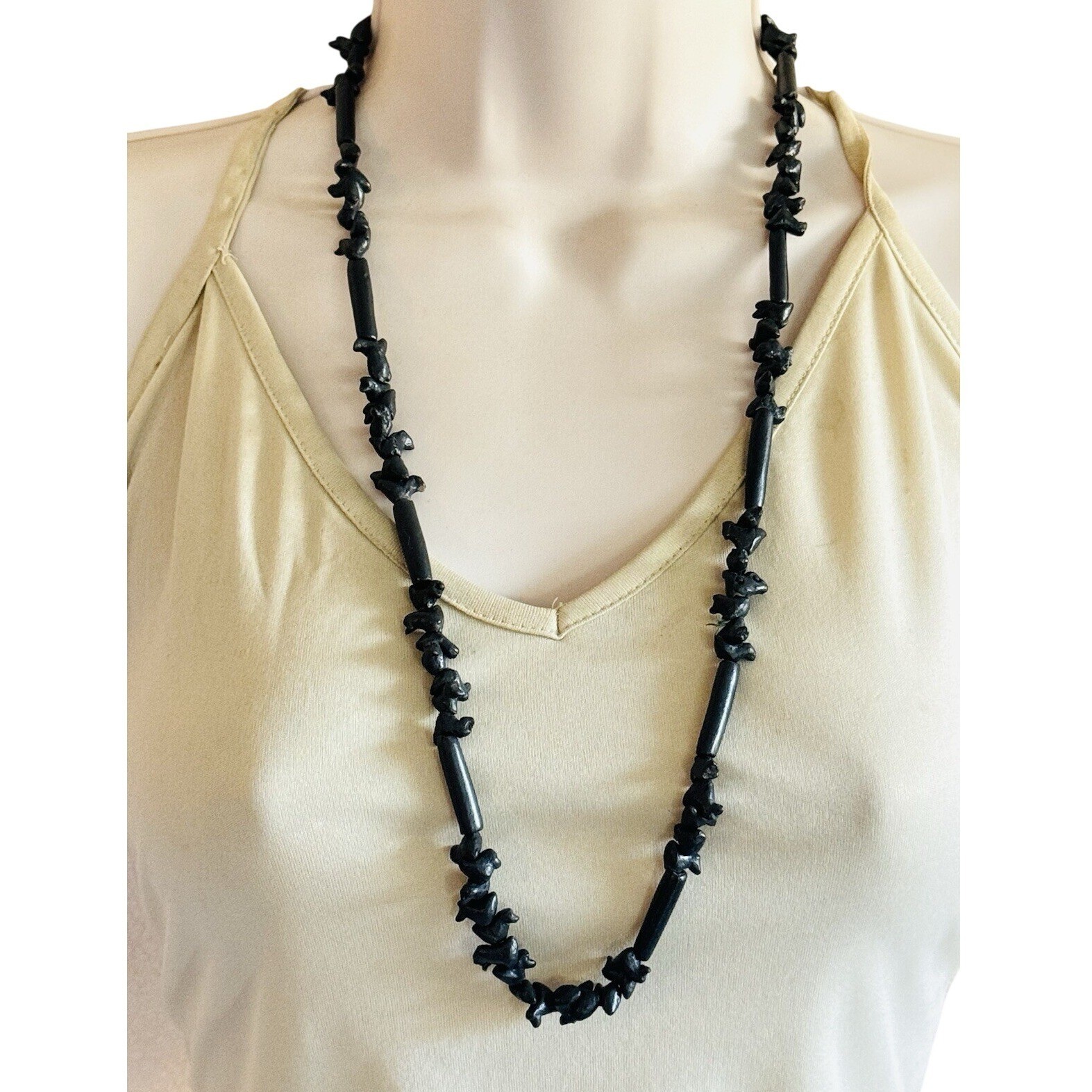 VTG Oaxaca Barro Black Pottery Carved Bird Fetish Folk Art Necklace Mexico 29″