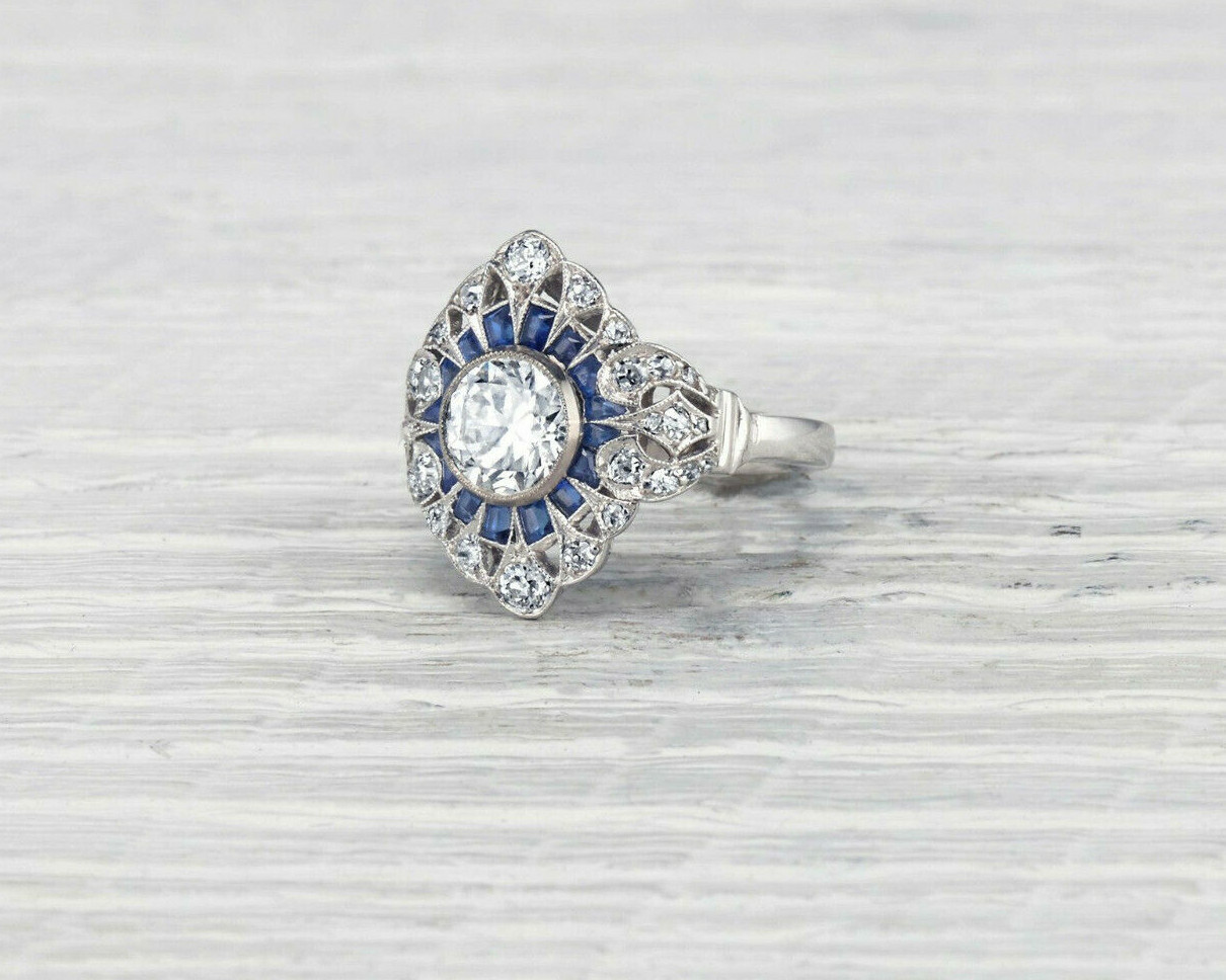 Vintage Art Deco 1.53Ct White Round CZ Engagement Ring 925 Sterling Silver