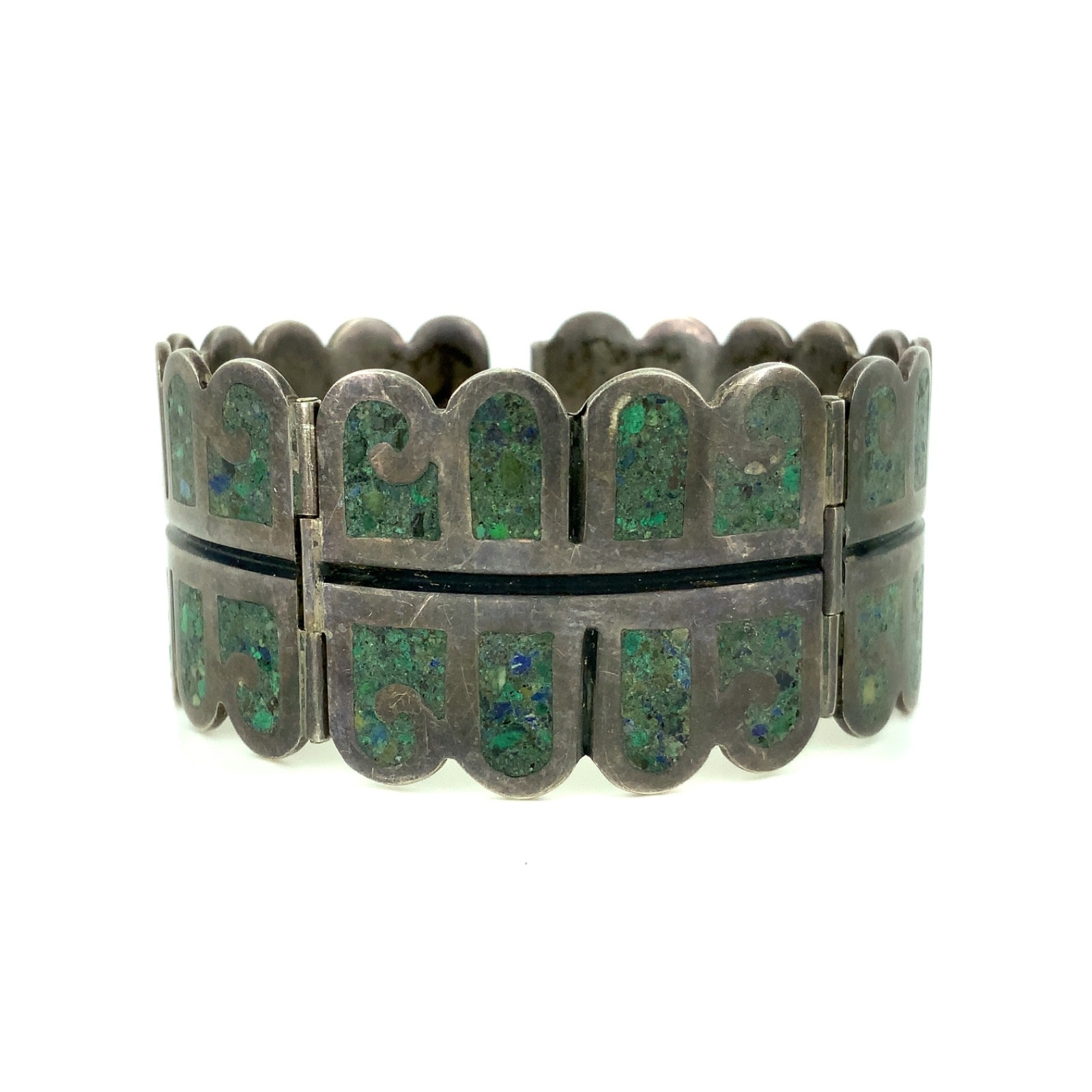 RQH Vintage Mexican Turquoise Chip Inlay, Sterling Silver Hinged Panel Bracelet