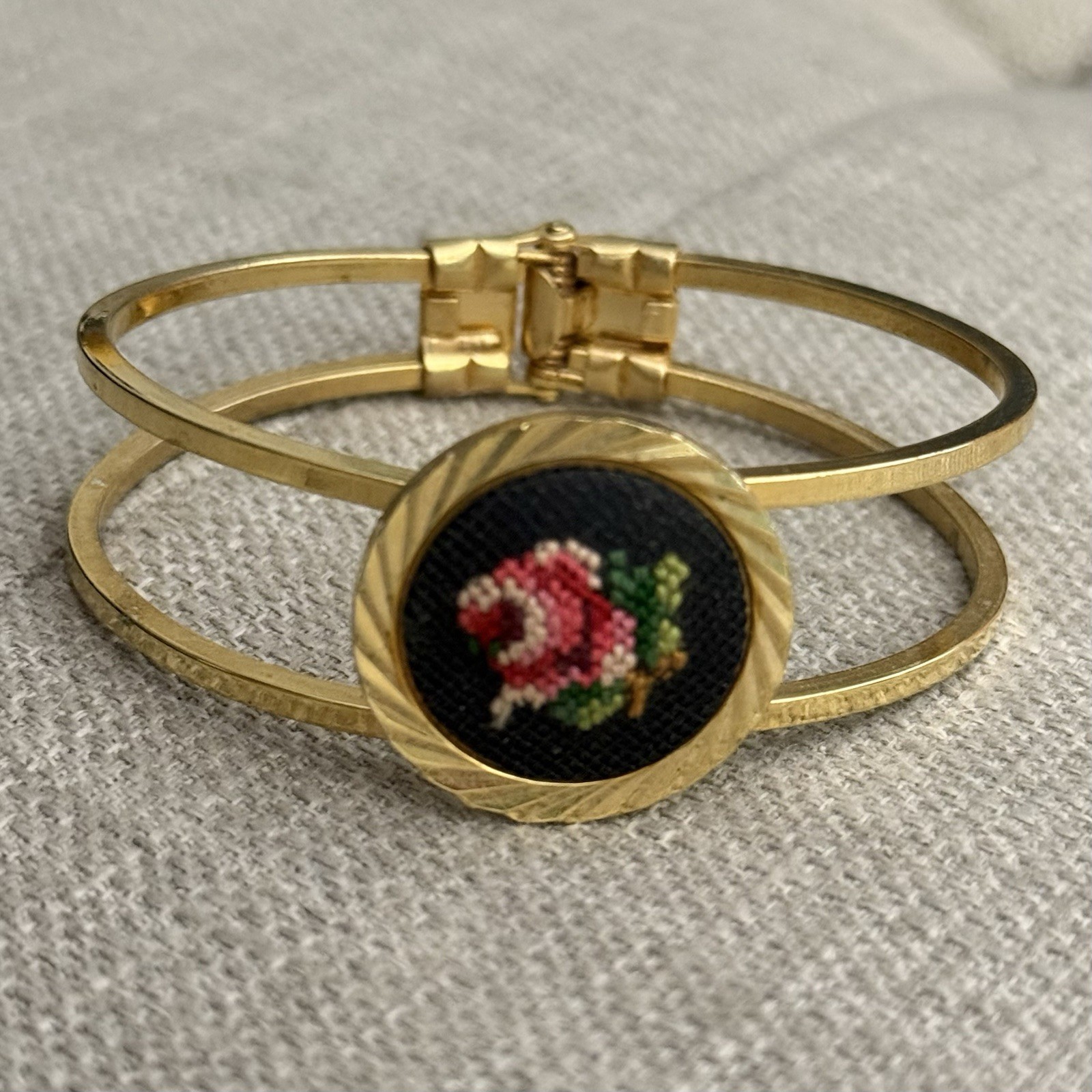 Vintage Needlepoint Hinged Clamp Style Bracelet – Floral Gold Tone – London 1971
