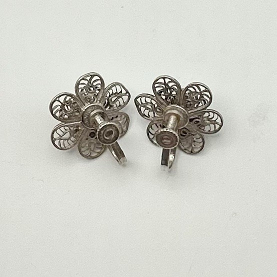 Antique 800 Silver MEXICO Cannetille Filigree Flower Screw-Back Earrings Signed