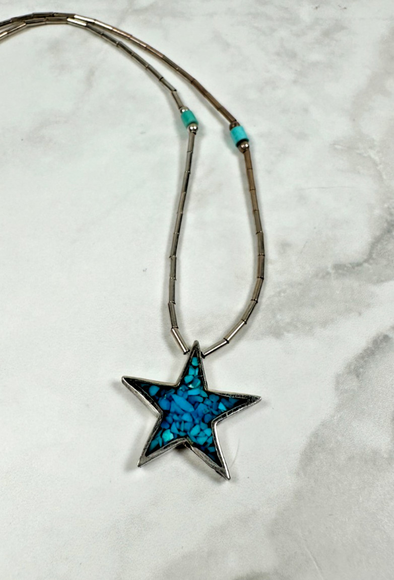 Sterling Silver Star Necklace & Stud Earrings w/ Turquoise Chip Inlay – 14″