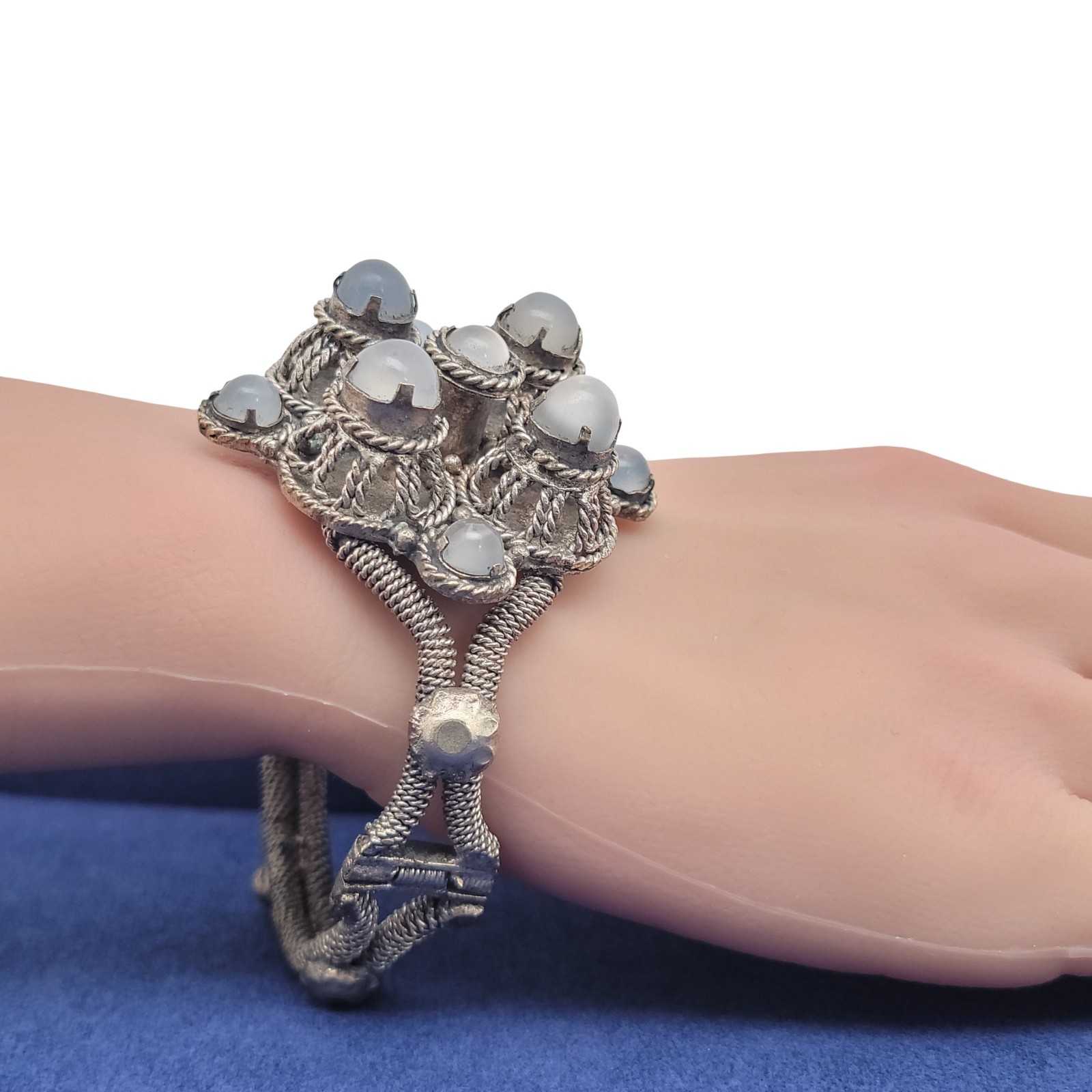 Vintage Artisan Cannetille Filigree Metalwork Moonstone Bracelet Size 7