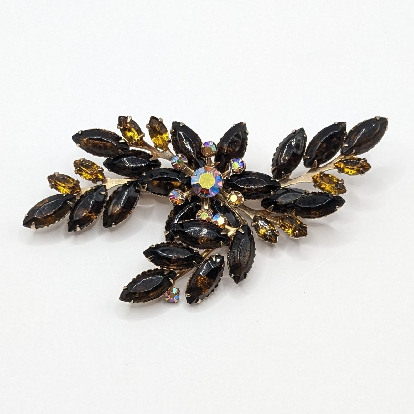 Vintage Large Amber and Yellow AB Glass Rhinestone Gold Tone Flower Brooch 4in