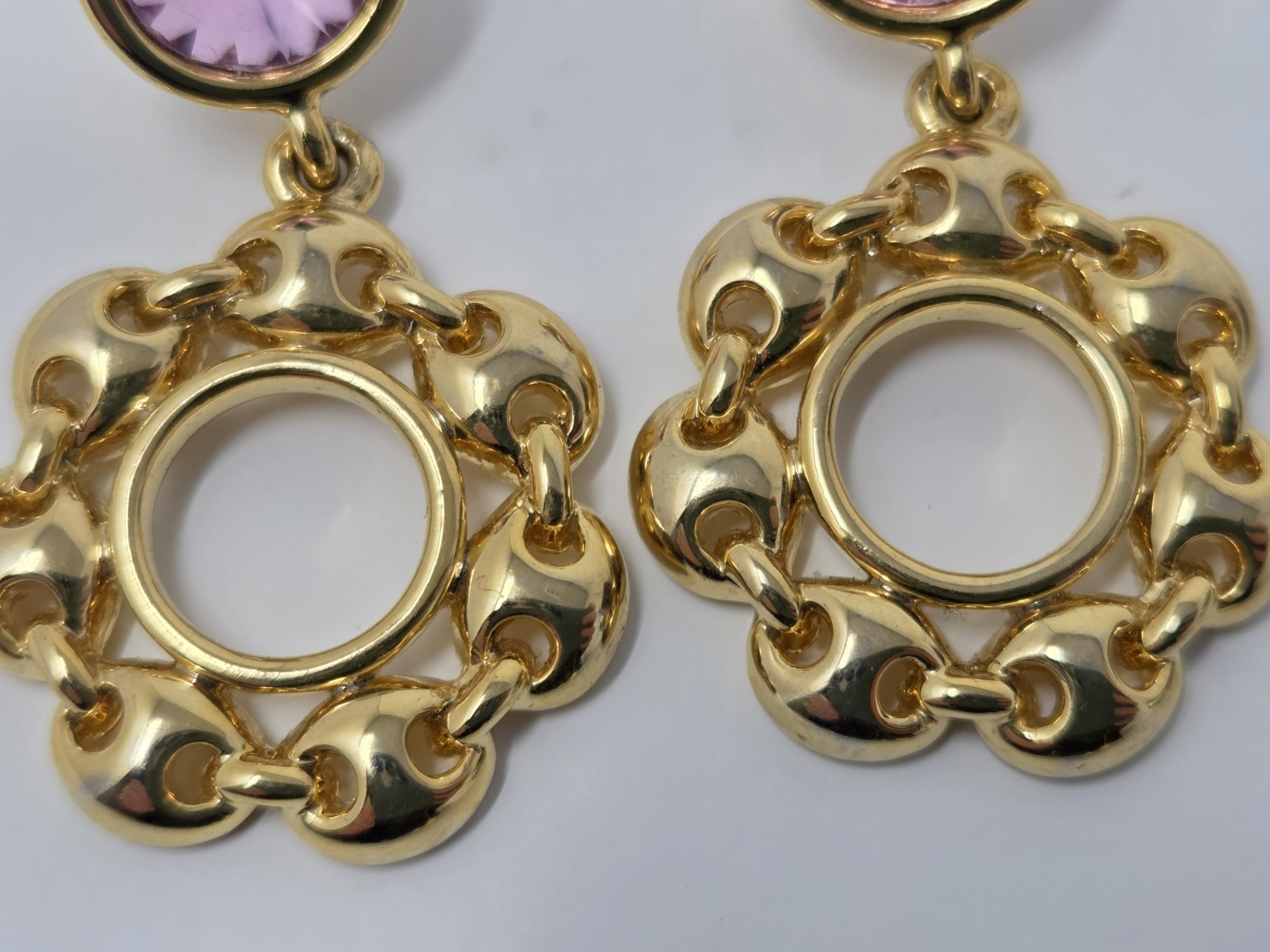 Gold Tone & Pink Acrylic Rhinestone Dangle Drop Hoop Earrings Vintage 1.7 Inches