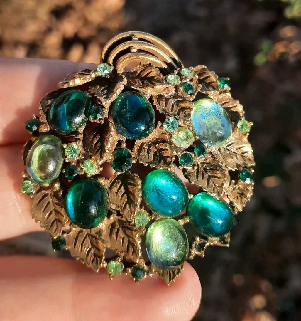 Vtg Arthur Pepper Brooch Pin Greens Cabochon Rhinestone Gold Leaves Gripoix RARE