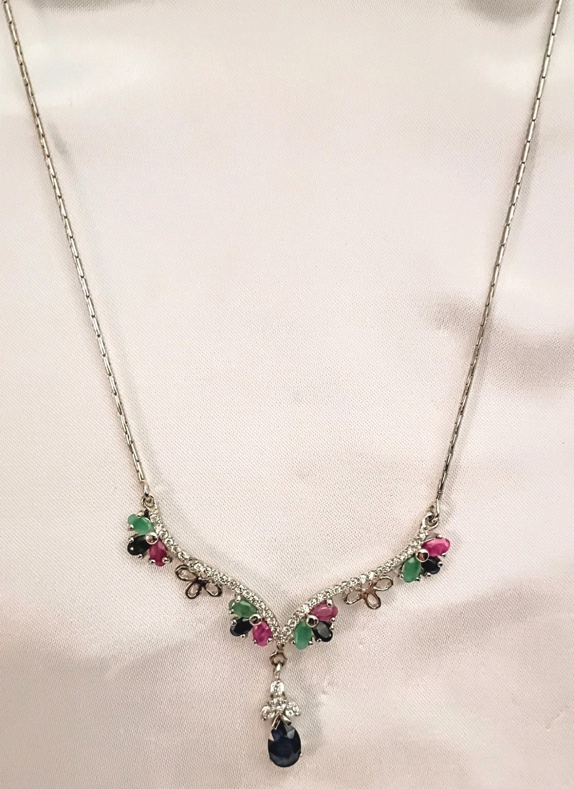 Vintage Silver 925 Sapphire Emerald Ruby Drop CZ Statement Necklace 18″