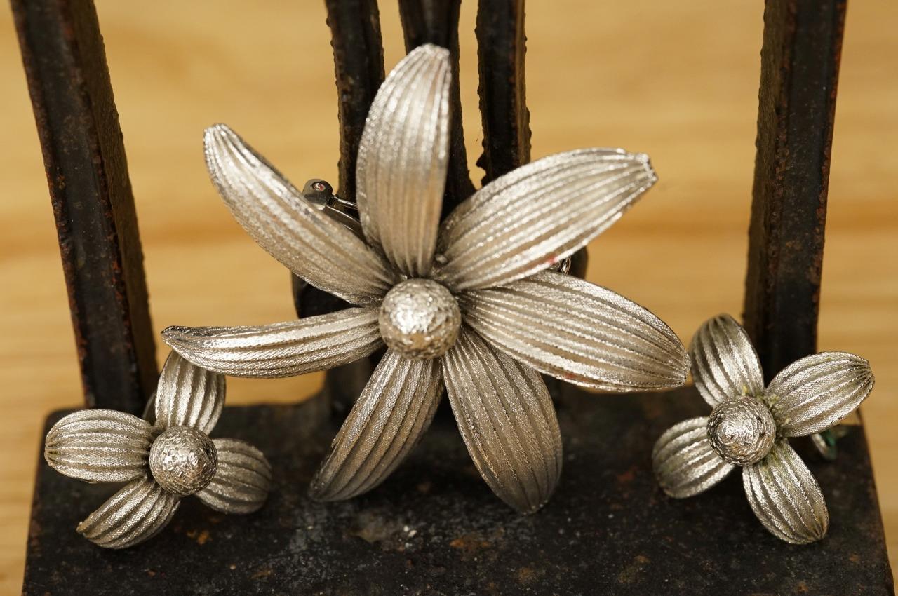 Vintage Costume Jewelry Signed BERGERE Silver Flower Brooch Pin & Clip Earrings