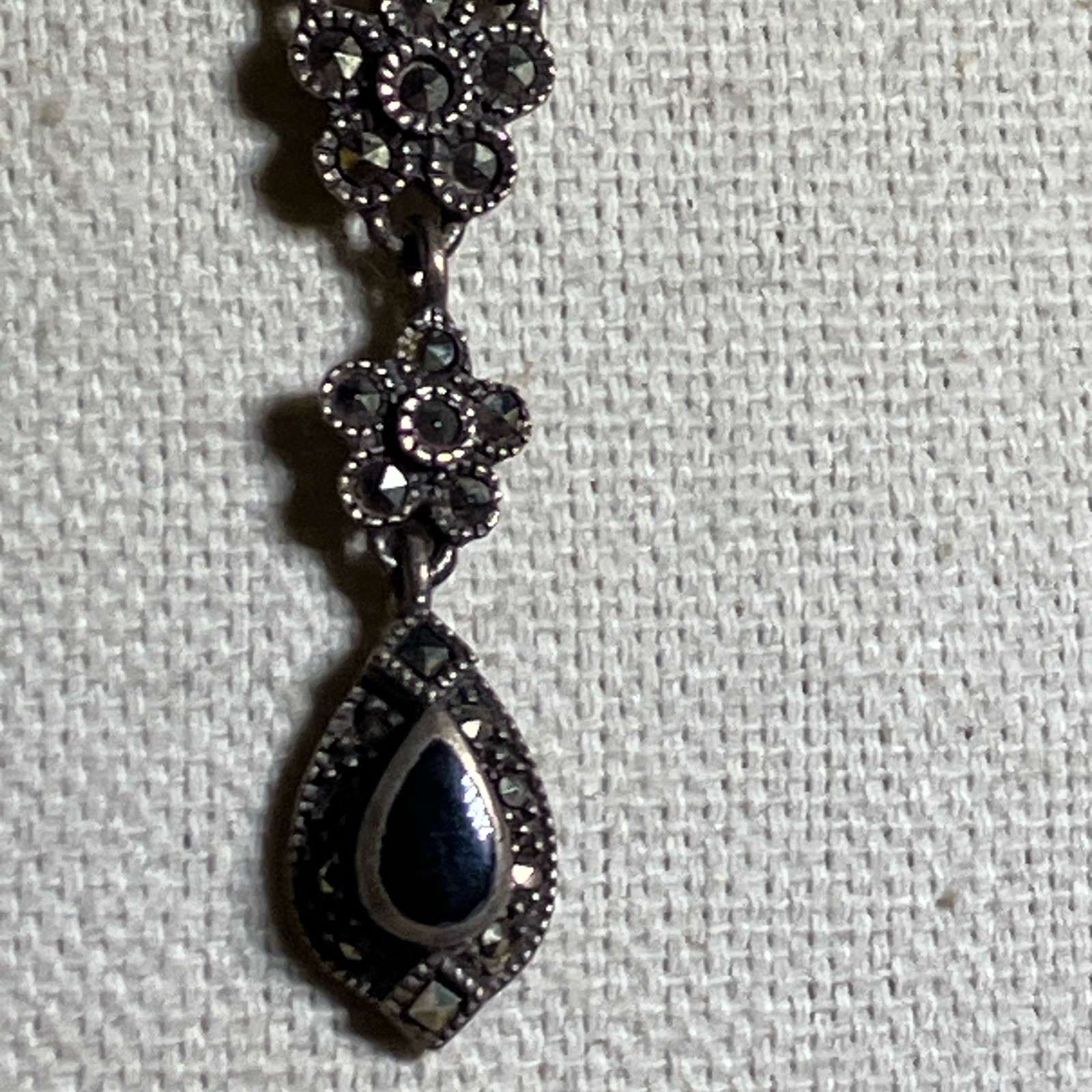 Vintage Victorian Black Onyx, Marcasite, Sterling Silver Lavalier Y Necklace