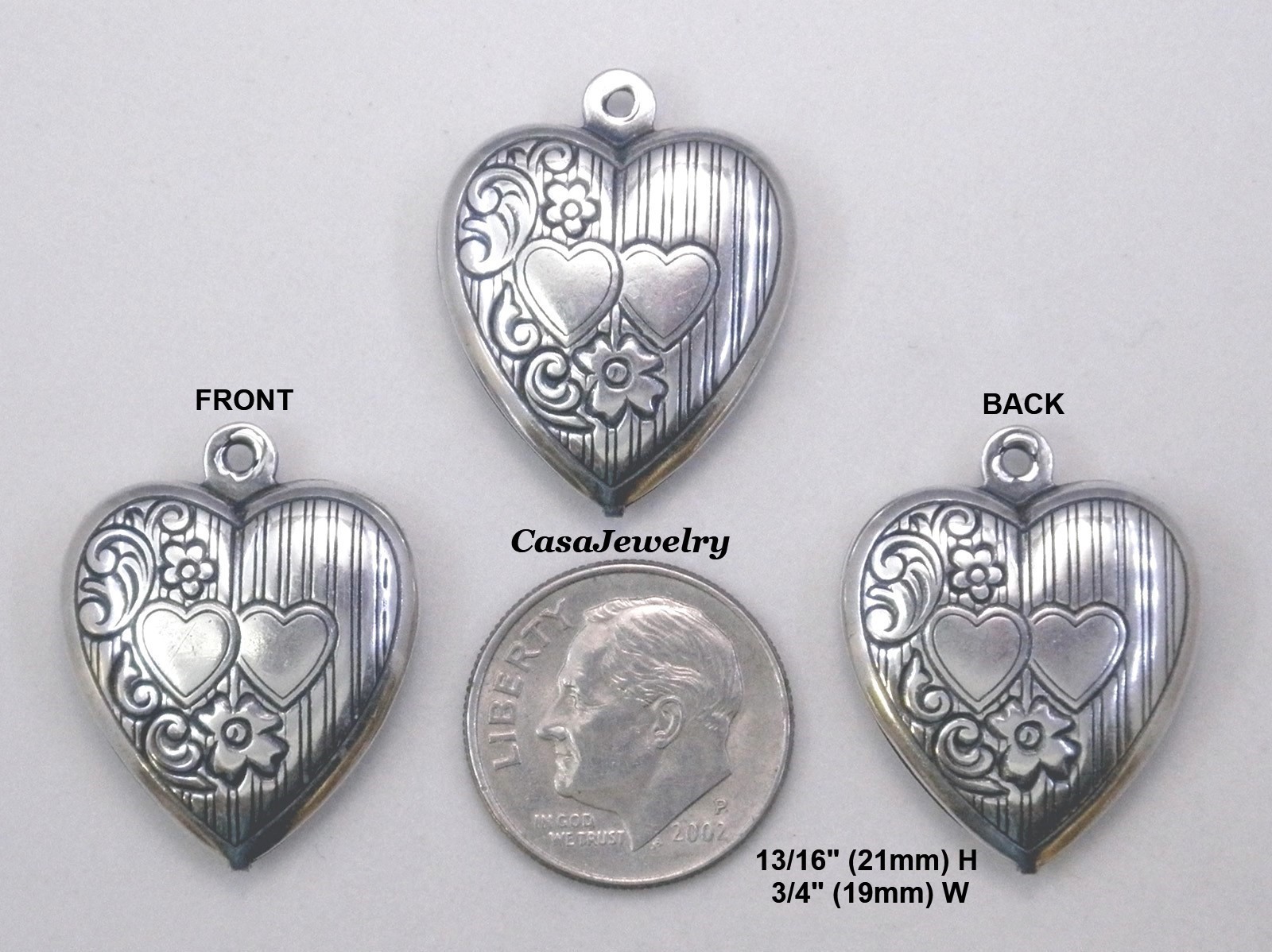 #0457 ANTIQUED STERLING SILVER PLATED 2-SIDED PUFF HEART W/HANG RING – 2 Pc Lot